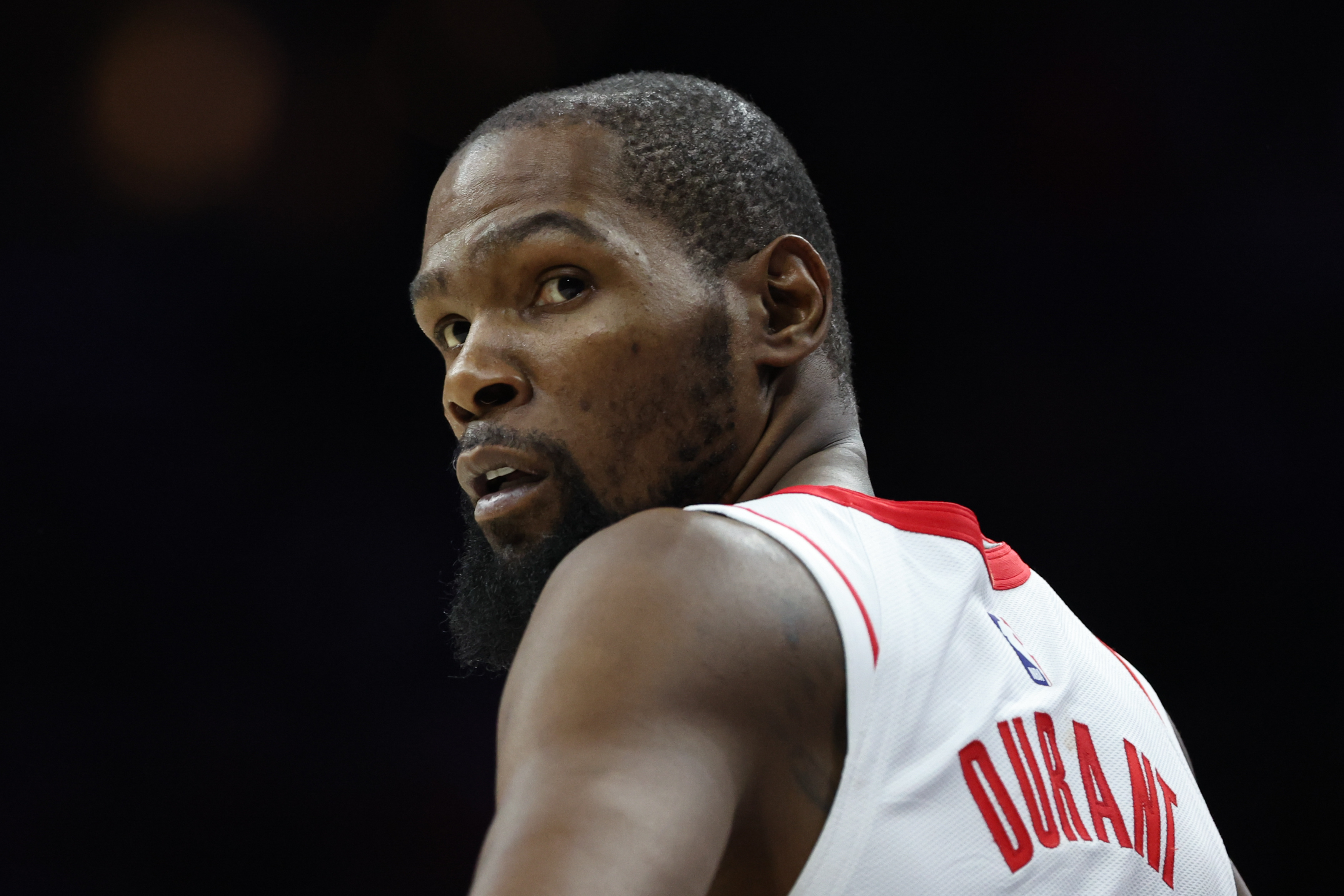 Houston Rockets forward Kevin Durant (7), seen here looking on during a game, is featured in our Rockets vs. Magic player props today.
