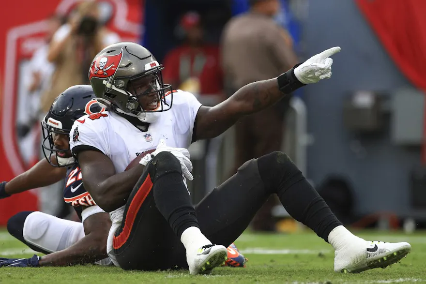 Chris Godwin of the Tampa Bay Buccaneers reacts after making a first down in the first quarter against the Chicago Bears in the game at Raymond James Stadium on October 24, 2021 in Tampa, Florida. Photo by Mike Ehrmann Getty Images via AFP.