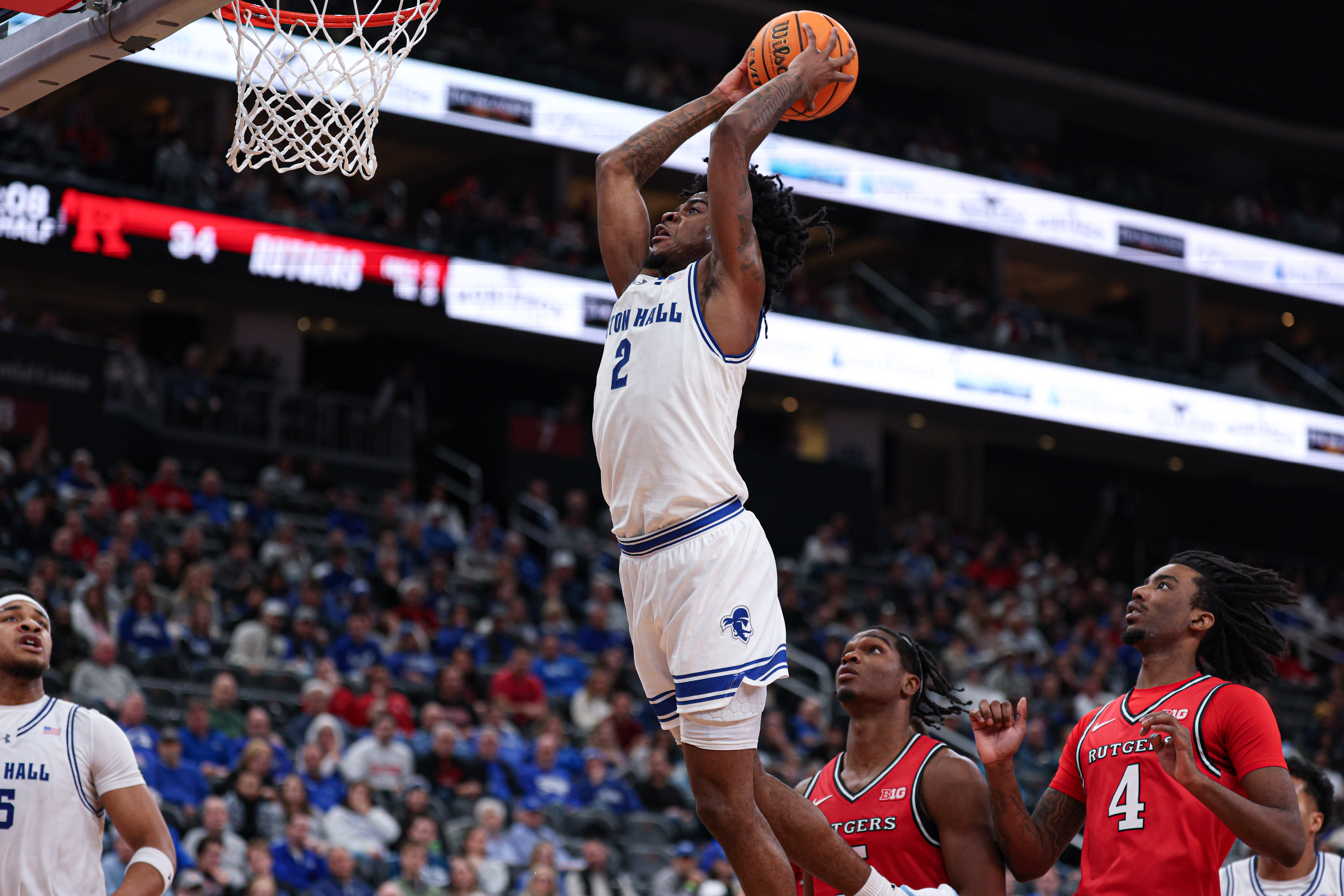 Seton Hall Pirates guard Tajuan Simpkins (2) goes up for a dunk as we dive into our college basketball best bets for today.