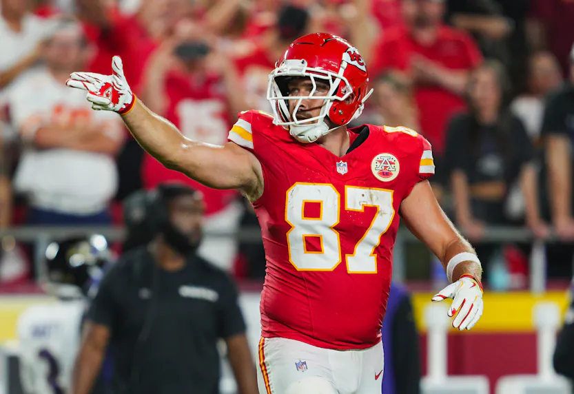 Kansas City Chiefs tight end Travis Kelce reacts after a first down against the Baltimore Ravens.