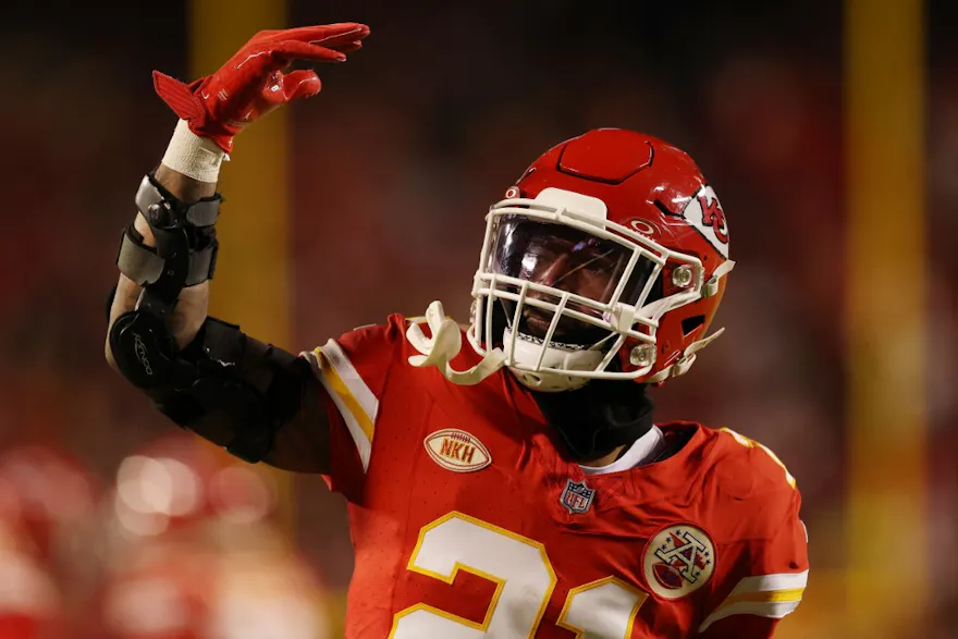 Mike Edwards #21 of the Kansas City Chiefs reacts during the fourth quarter as we look at Missouri's 2024 Senate Bills aimed at legalizing sports betting.