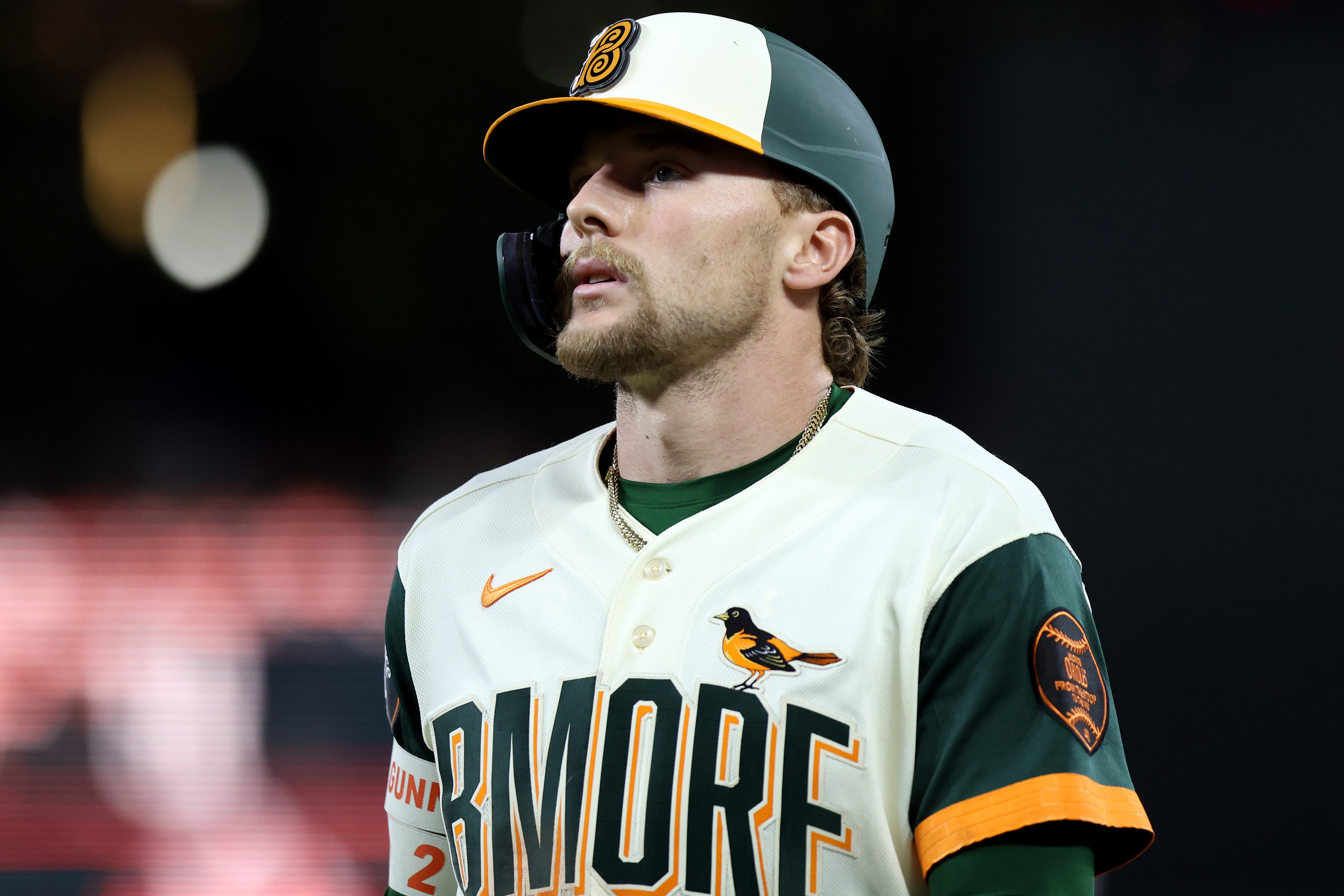 Baltimore Orioles shortstop Gunnar Henderson (2), seen here looking on during a game, is featured in our home run predictions today.