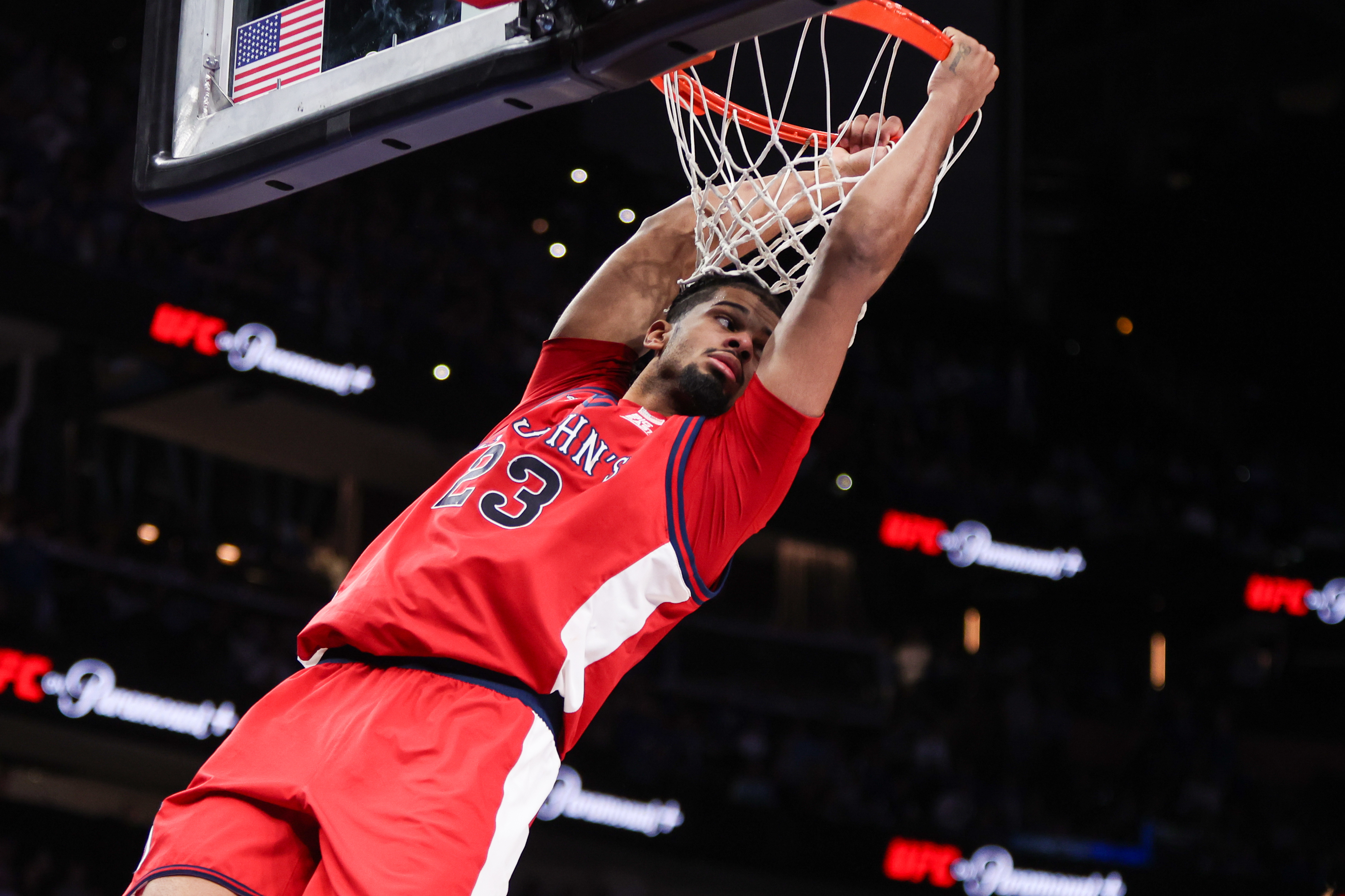 St. John's forward Bryce Hopkins (23) dunks as we offer our Harvard vs. St. John’s predictions.