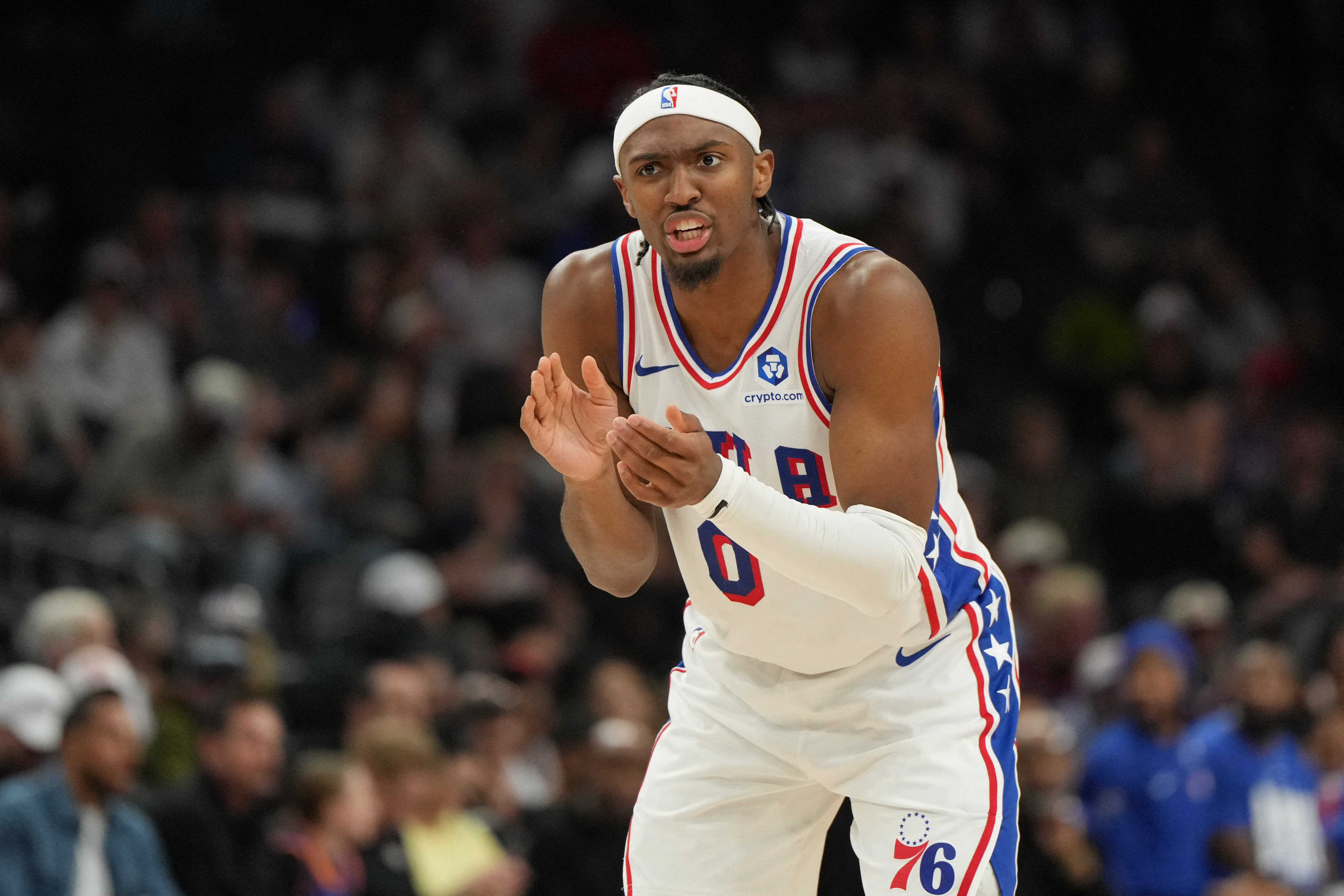 Philadelphia 76ers guard Tyrese Maxey cheers, and he's key as we look at our NBA All-Star Game predictions.