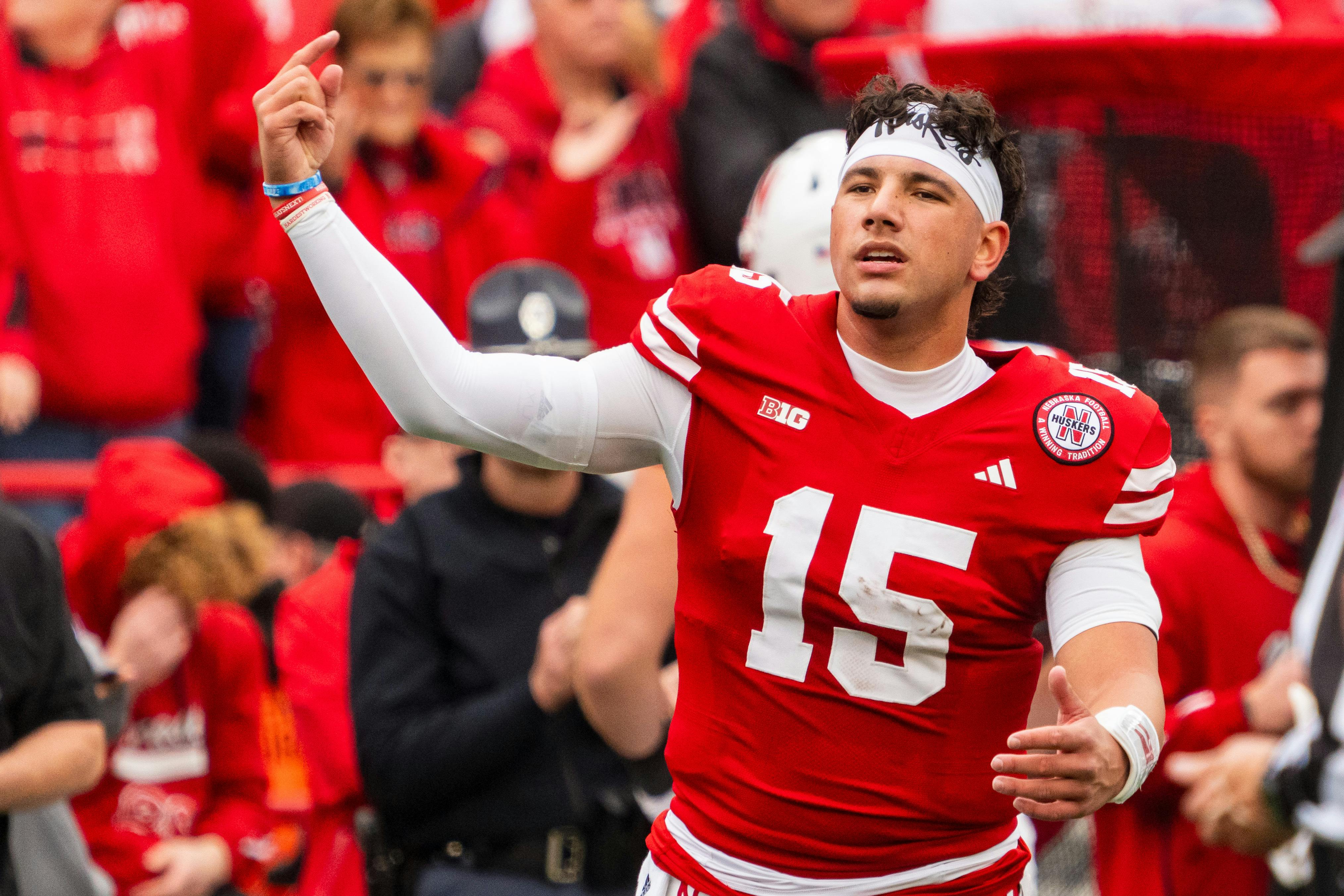 Nebraska Cornhuskers quarterback Dylan Raiola celebrates after a touchdown as we analyze the early 2026 college football national championship odds.