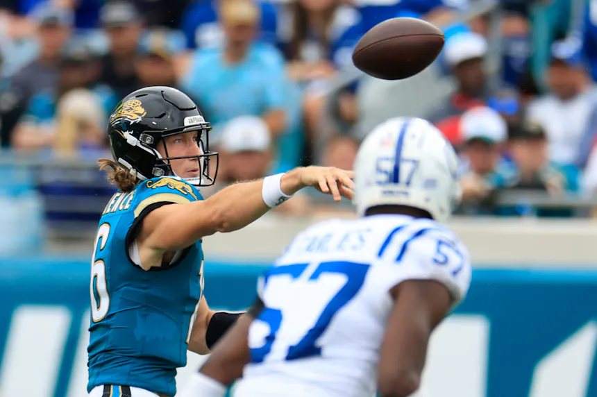 Jacksonville Jaguars quarterback Trevor Lawrence passes the ball during the fourth quarter as we offer our NFL upset picks for Week 6.