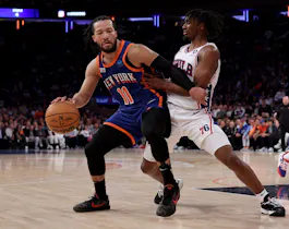 Jalen Brunson of the New York Knicks tries to get around Tyrese Maxey of the Philadelphia 76ers during Game 5. We're backing Brunson in our Knicks vs. 76ers player props. 