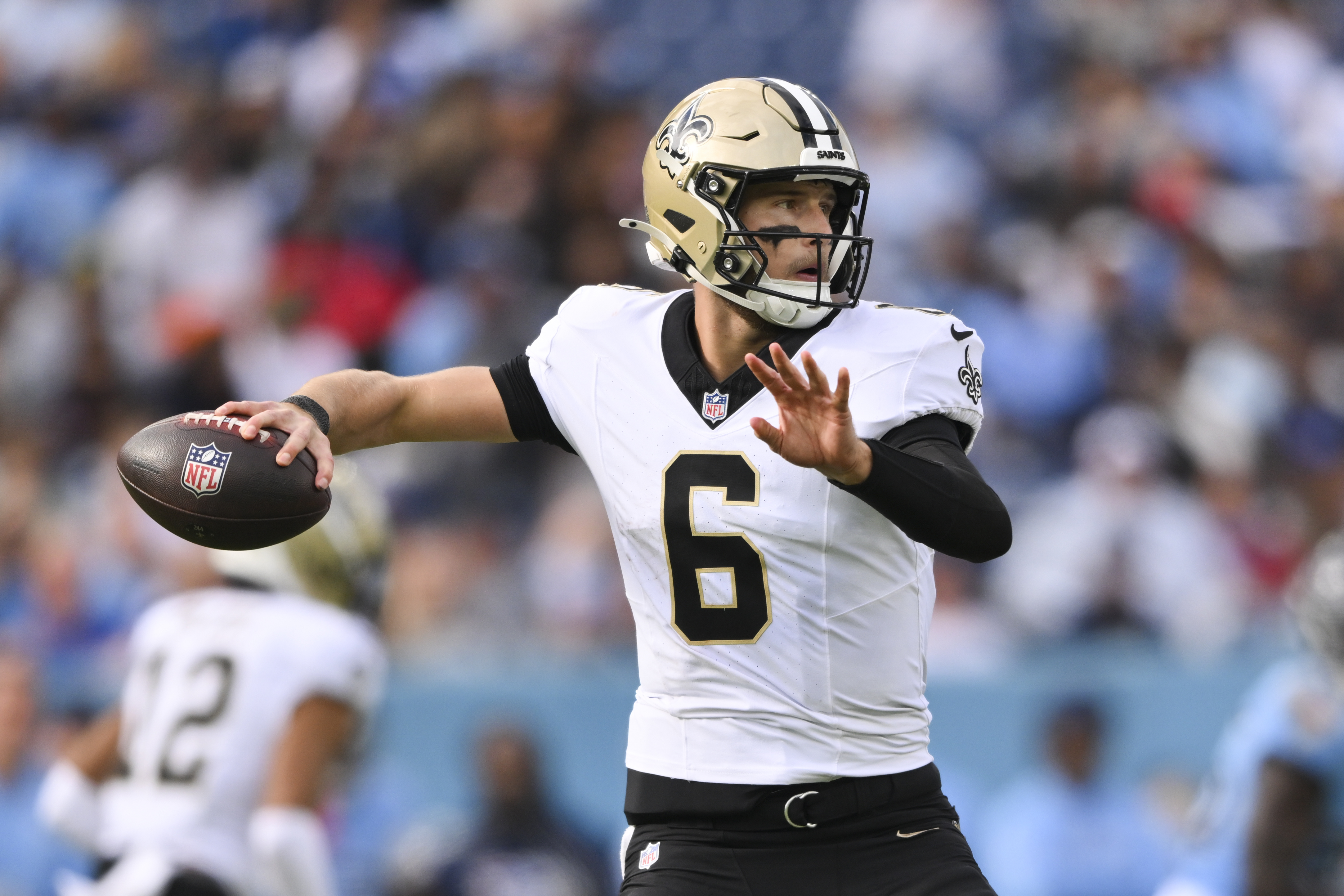New Orleans Saints quarterback Tyler Shough (6) passes as we break down the NFL Offensive Rookie of the Year odds.