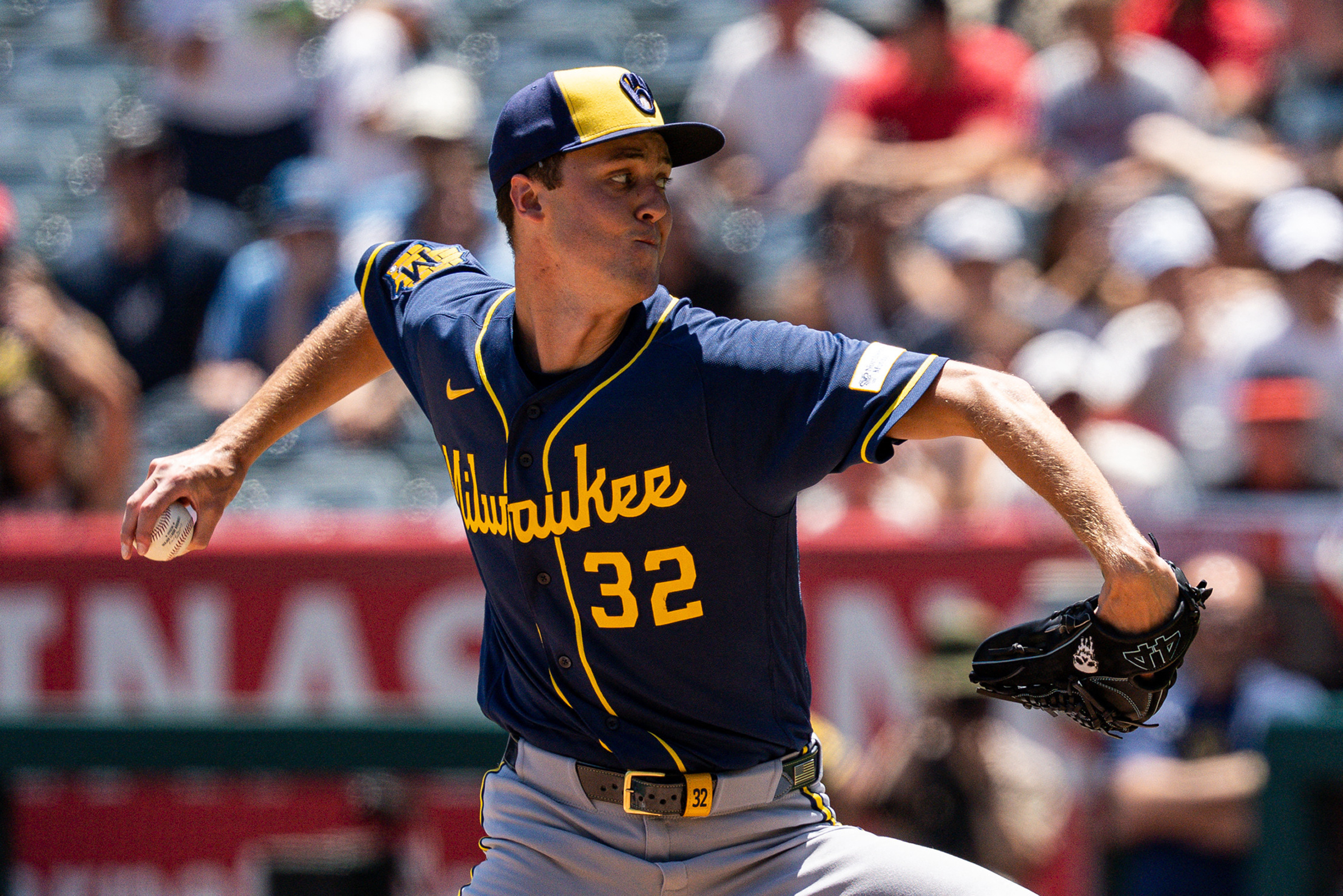 Milwaukee Brewers pitcher Jacob Misiorowski (32) throws as we break down the Brewers vs. Cubs win probability.