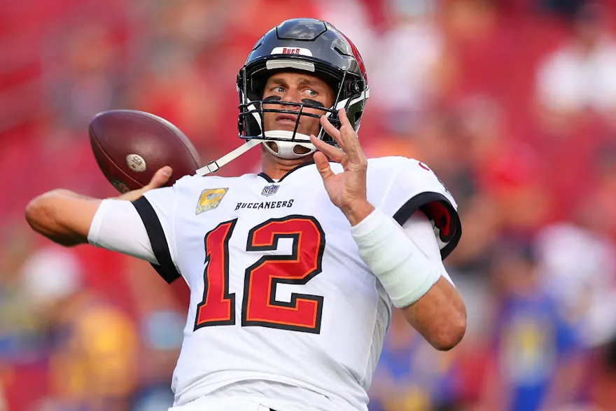 Tom Brady of the Tampa Bay Buccaneers warms up prior to playing the Los Angeles Rams at Raymond James Stadium.