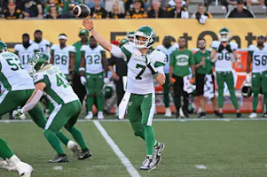 Saskatchewan Roughriders quarterback Trevor Harris throws a pass in the first quarter against the Hamilton Tiger-Cats at Tim Hortons Field. We're backing Saskatchewan in our Argonauts vs. Roughriders Prediction. 