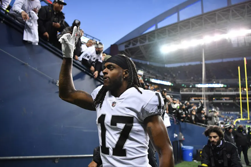 Davante Adams of the Las Vegas Raiders celebrates after beating the Seattle Seahawks, and we offer new U.S. bettors our exclusive BetMGM bonus code for Packers vs. Raiders.