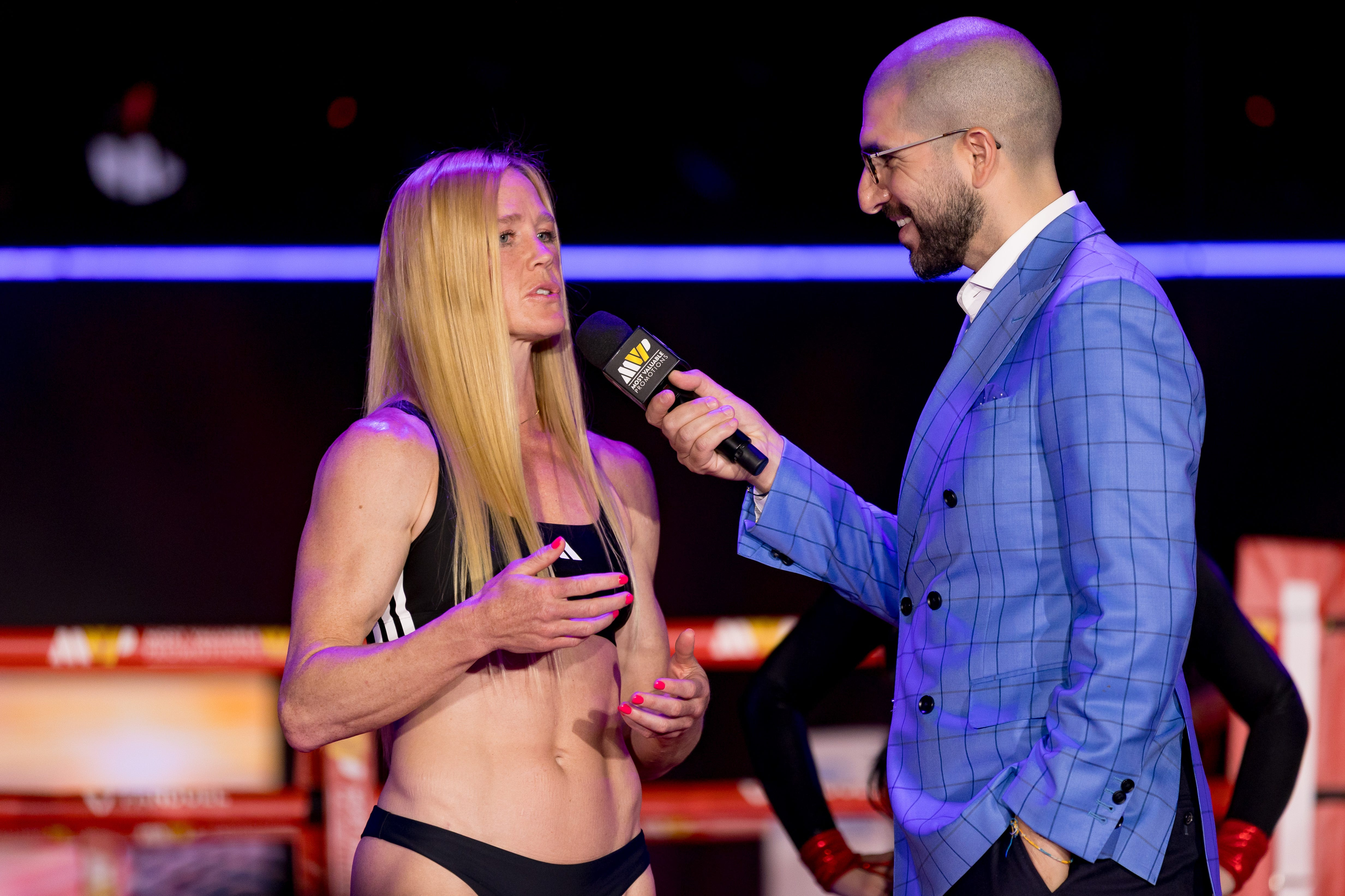 boxer Holly Holm speaks during weigh-ins as we break down our Stephanie Han vs. Holly Holm 2 prediction, picks & odds.