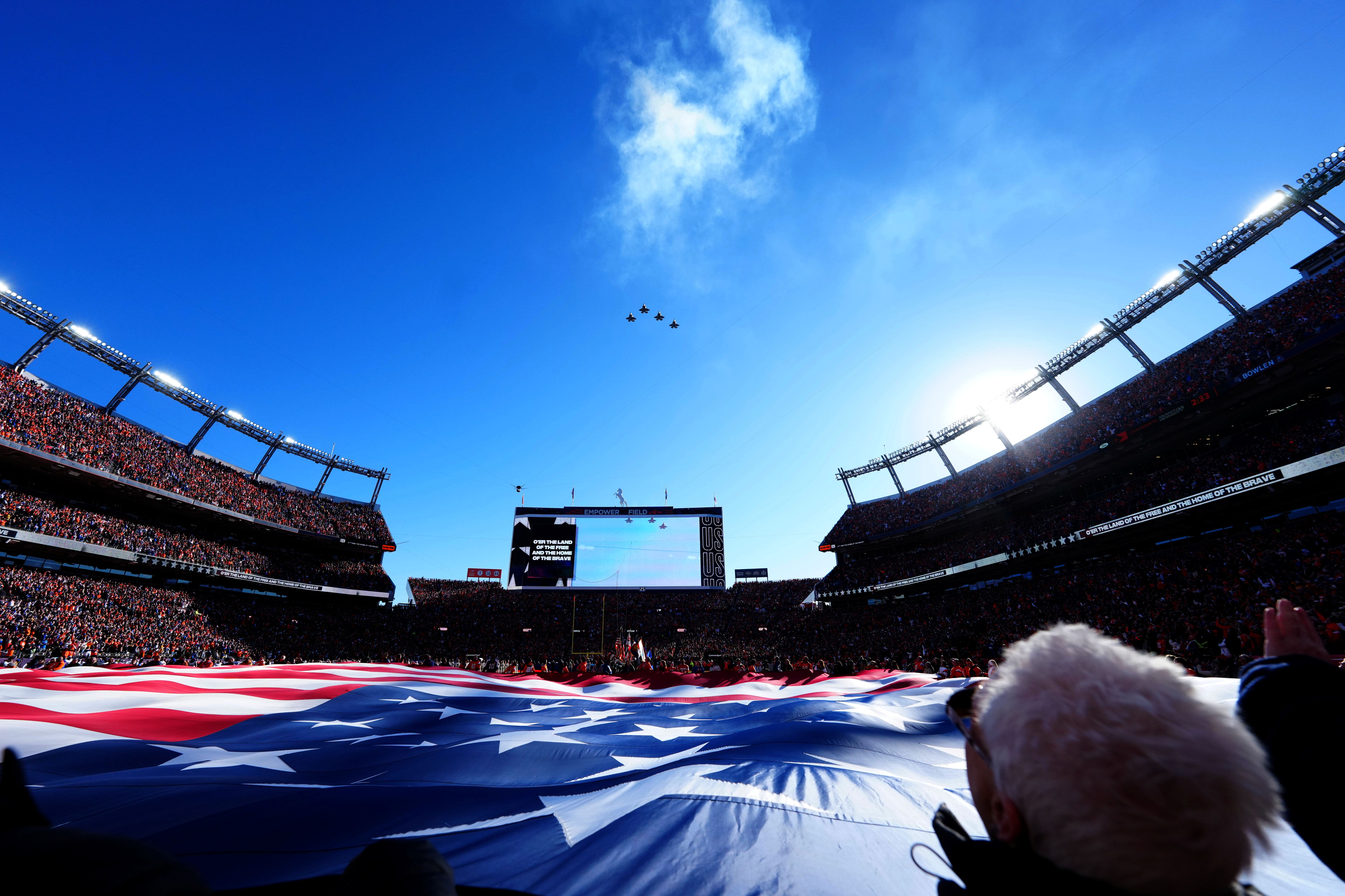 United States Air Force jets perform a flyover after the national anthem before a game, as we look at the release dates for the NFL schedule. 