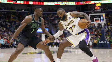 Zion Williamson #1 of the New Orleans Pelicans defends against LeBron James #23 of the Los Angeles Lakers as we offer our NBA Play-In Tournament power rankings ahead of the NBA playoffs.