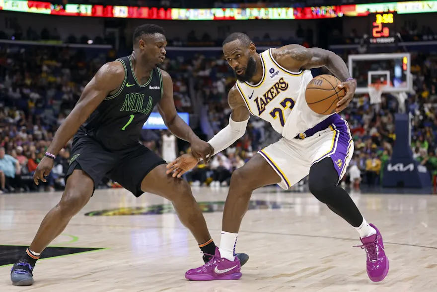 Zion Williamson #1 of the New Orleans Pelicans defends against LeBron James #23 of the Los Angeles Lakers as we offer our NBA Play-In Tournament power rankings ahead of the NBA playoffs.
