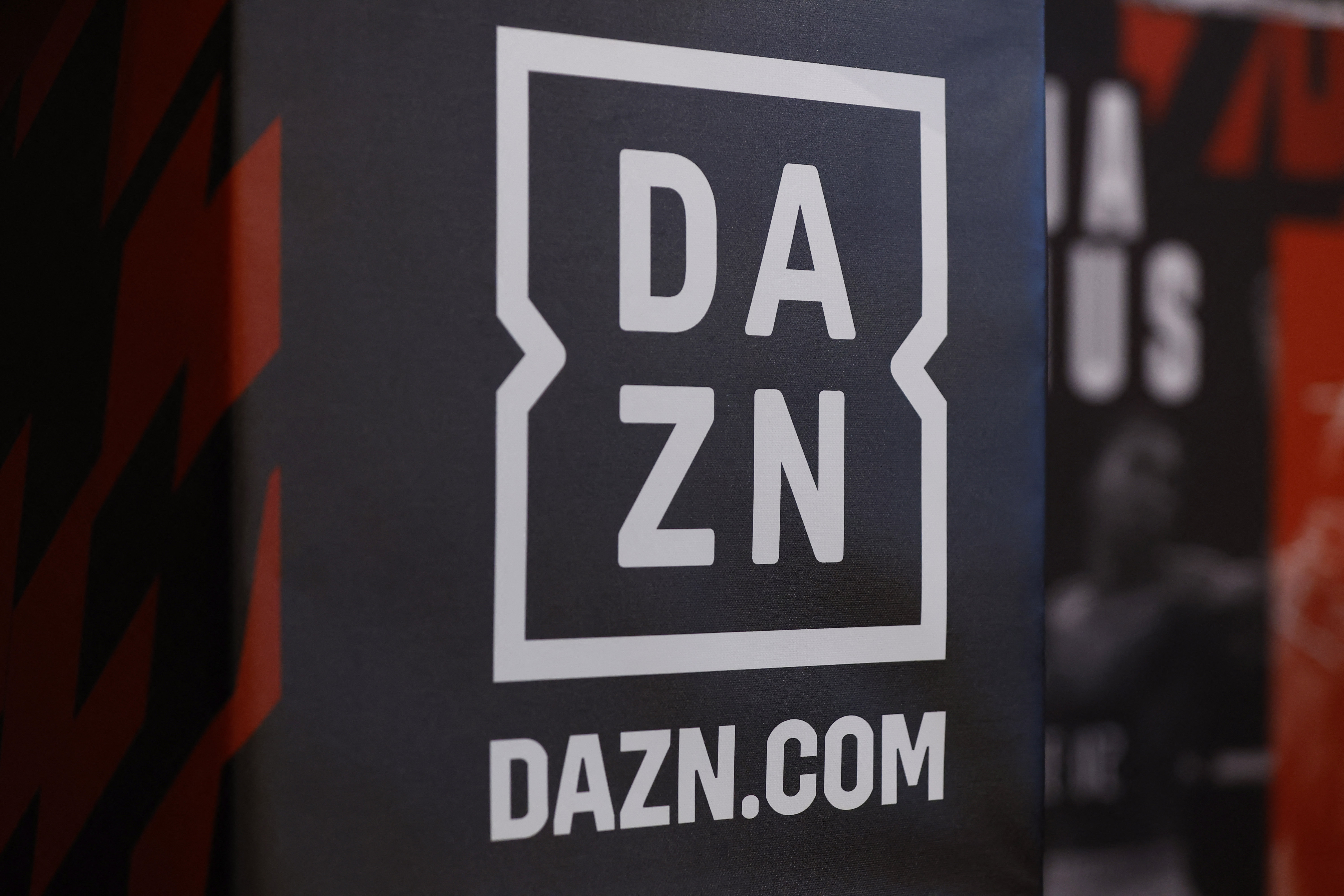 DAZN signage is pictured during the press conference as we look at the company's move into the prediction market space