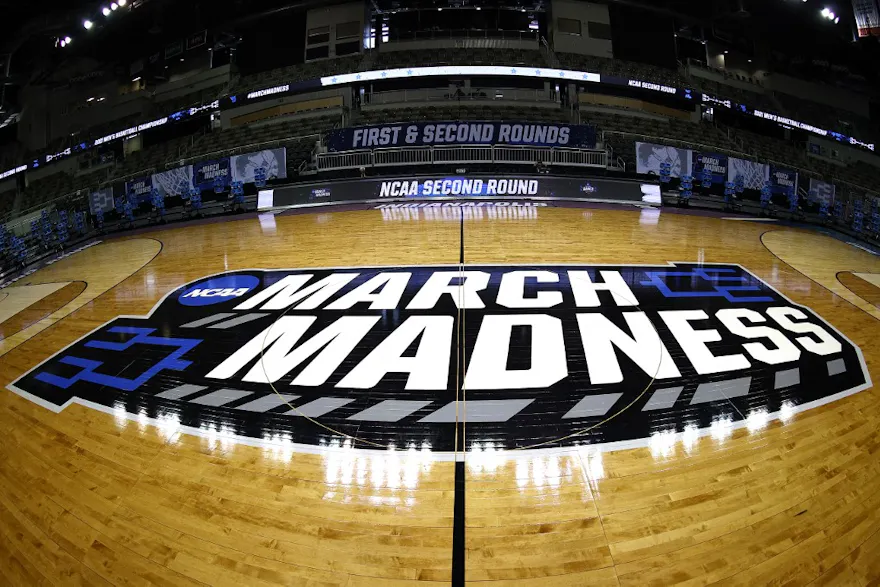 A general view of the March Madness logo as we look at the best free March Madness bracket contests.
