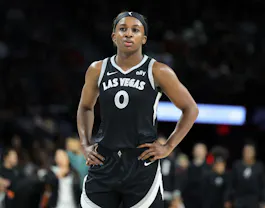 Jackie Young (0) of the Las Vegas Aces stands on the court as we break down Jackie Young's WNBA MVP odds and her case to win the award over Las Vegas Aces teammate and betting favorite A'ja Wilson.
