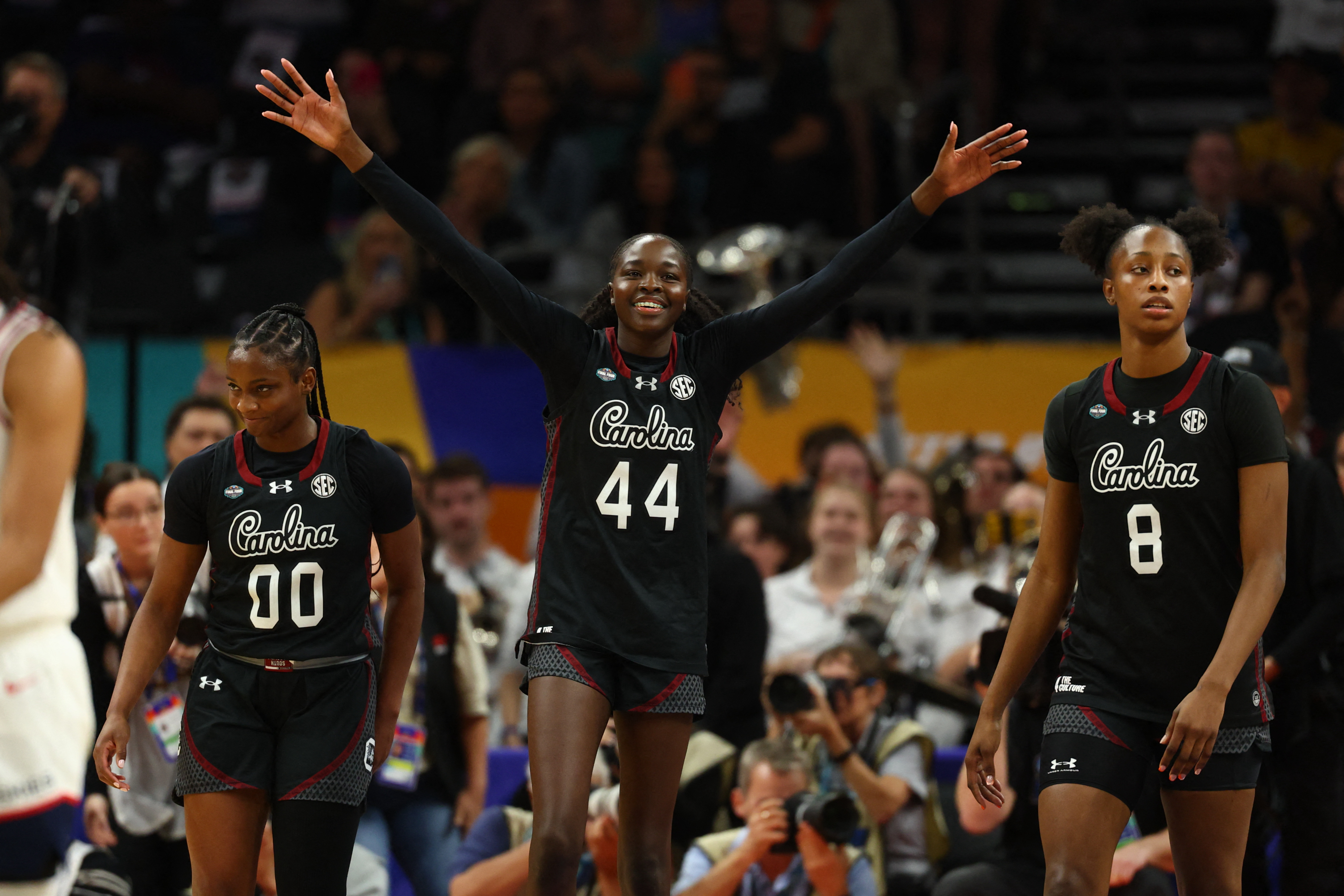 Joyce Edwards (8), Agot Makeer (44), and Ta'niya Latson (00) are key to our South Carolina vs. UCLA prediction for the women's March Madness championship. 