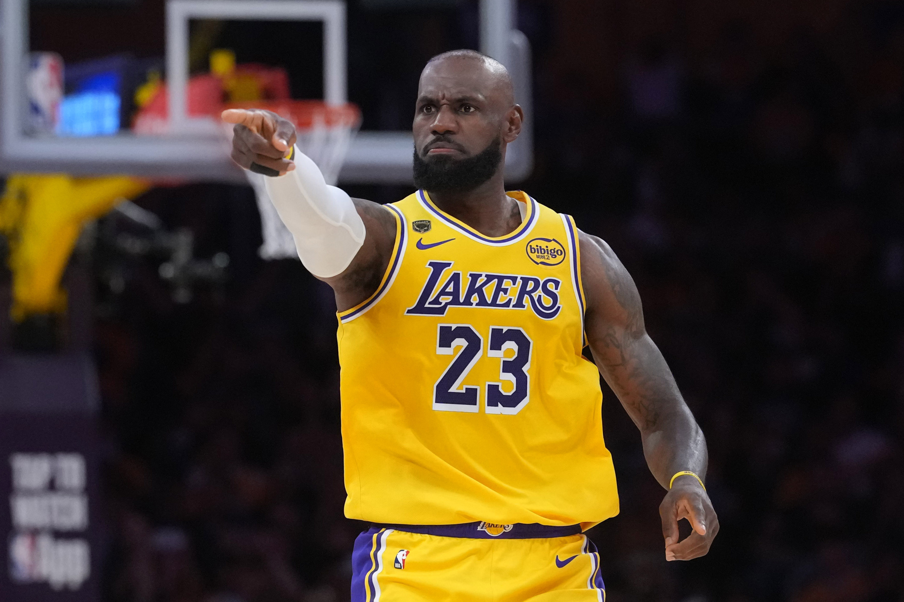 Los Angeles Lakers forward LeBron James (23), seen here gesturing during a game, is featured in our NBA player props today.