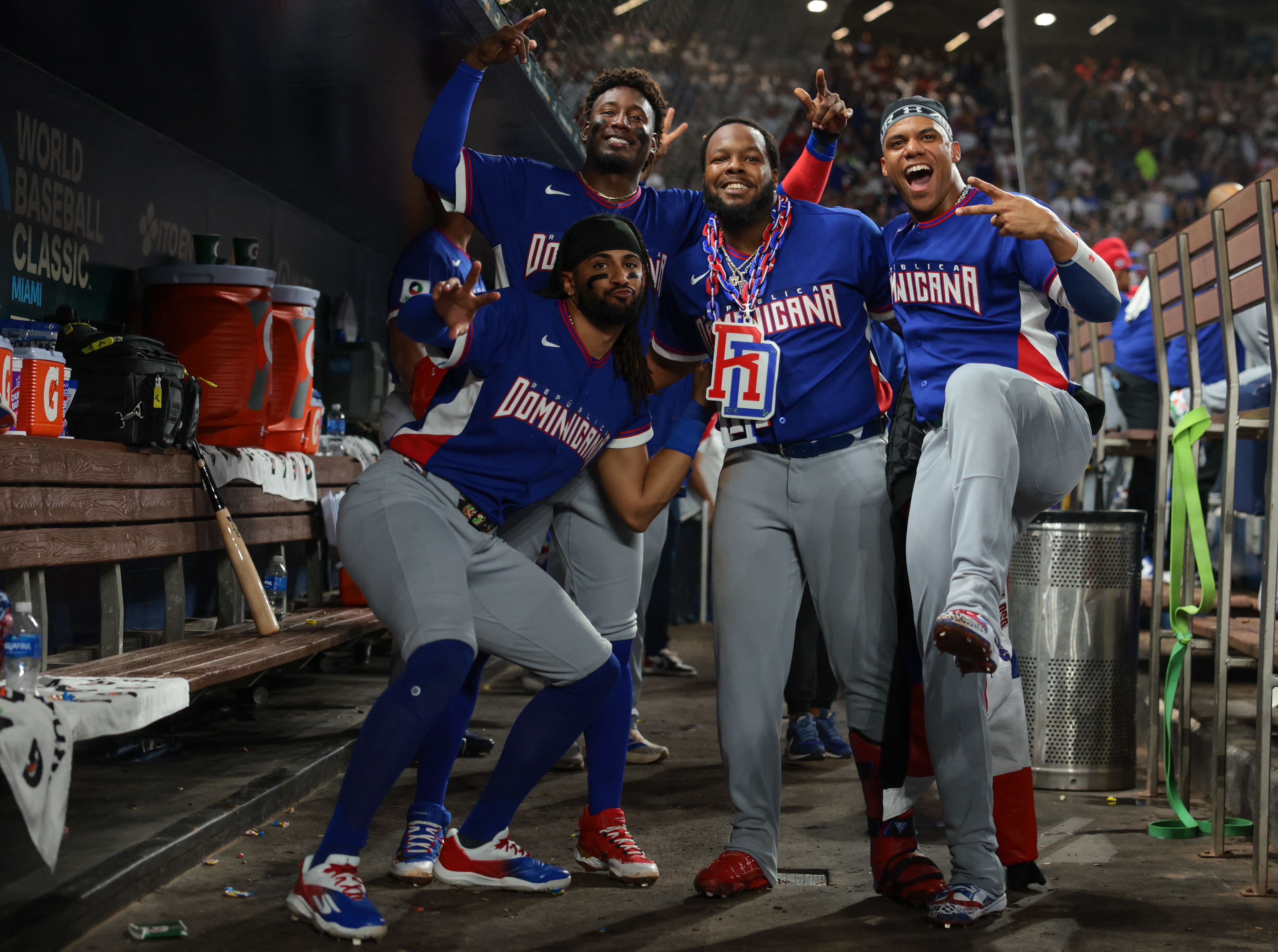 The Dominican Republic's Vladimir Guerrero Jr., Fernando Tatis Jr., Geraldo Perdomo, and Juan Soto celebrate, and their team is creeping up the board by the WBC 2026 odds at prediction markets.