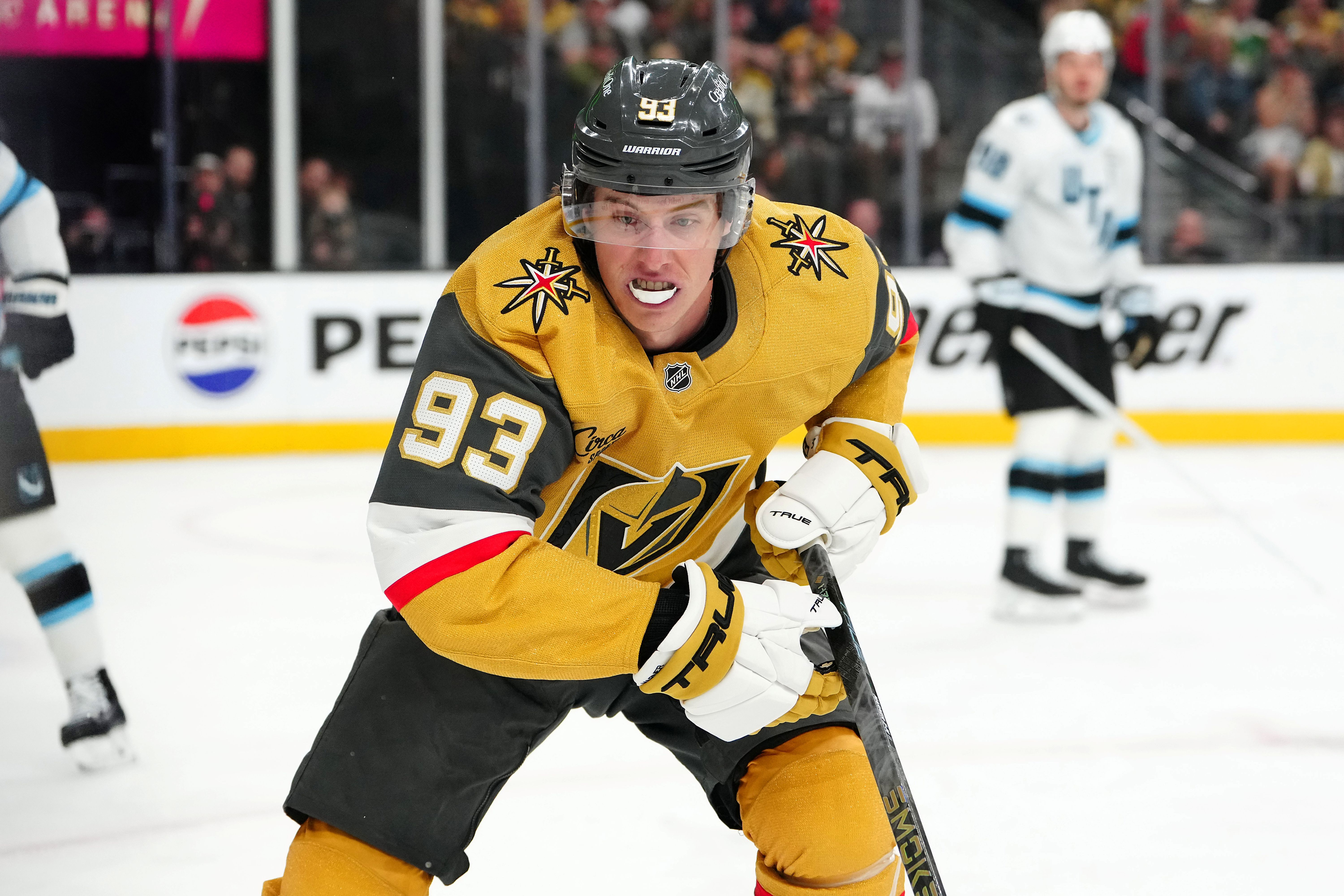 Vegas Golden Knights right wing Mitch Marner (93), seen here skating during a game, is featured in our NHL player props tonight.