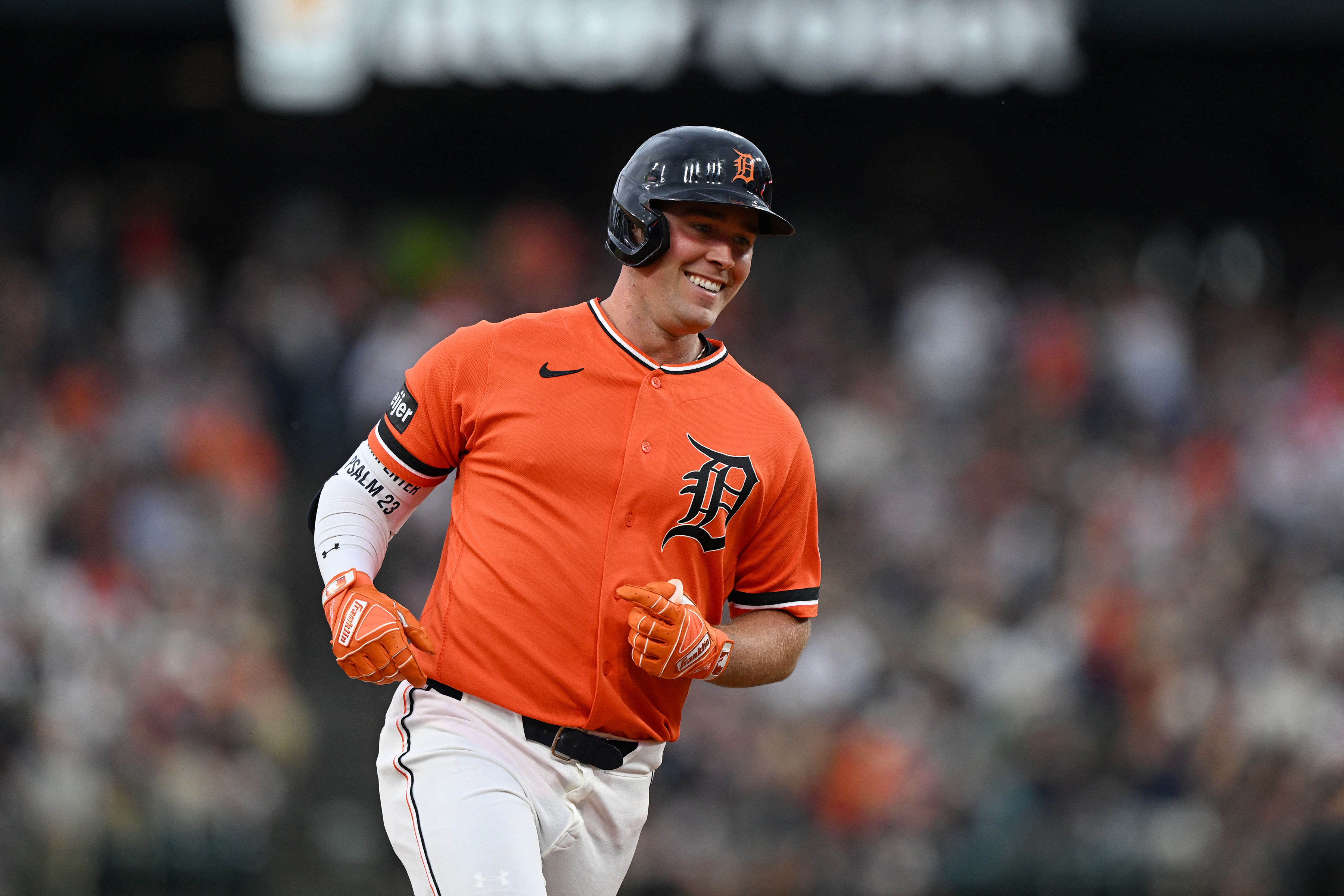 Detroit Tigers right fielder Kerry Carpenter celebrates as he rounds the bases after hitting a home run, and he's featured in my best home run predictions today.