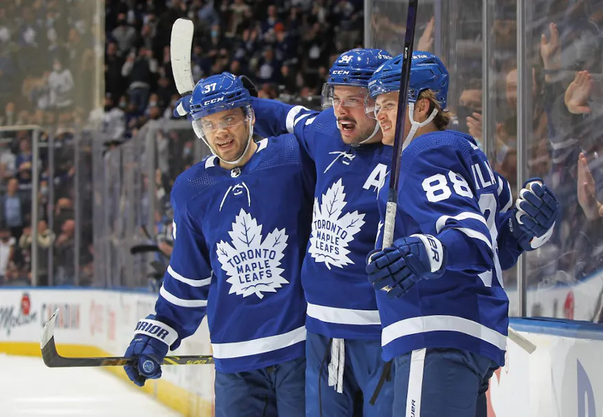 Auston Matthews of the Toronto Maple Leafs celebrates his goal against the Vancouver Canucks.