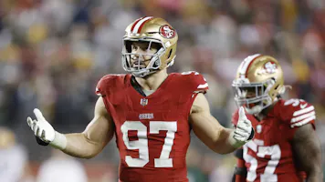 Nick Bosa #97 of the San Francisco 49ers reacts as we make our Super Bowl 2024 expert picks for Chiefs vs. 49ers ahead of Sunday's Big Game at Allegiant Stadium in Las Vegas.
