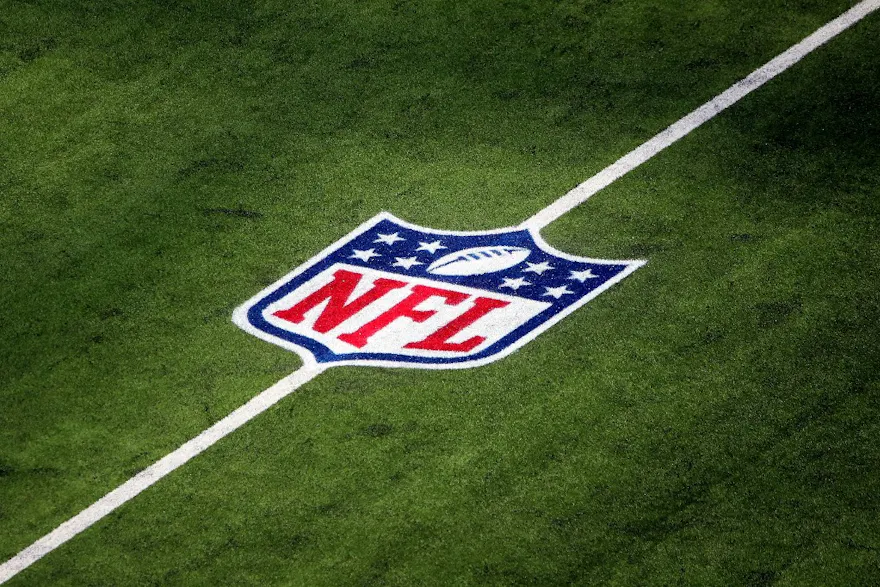 A general view of the NFL logo on the field as we get into the new sports betting policy created by the NFL.