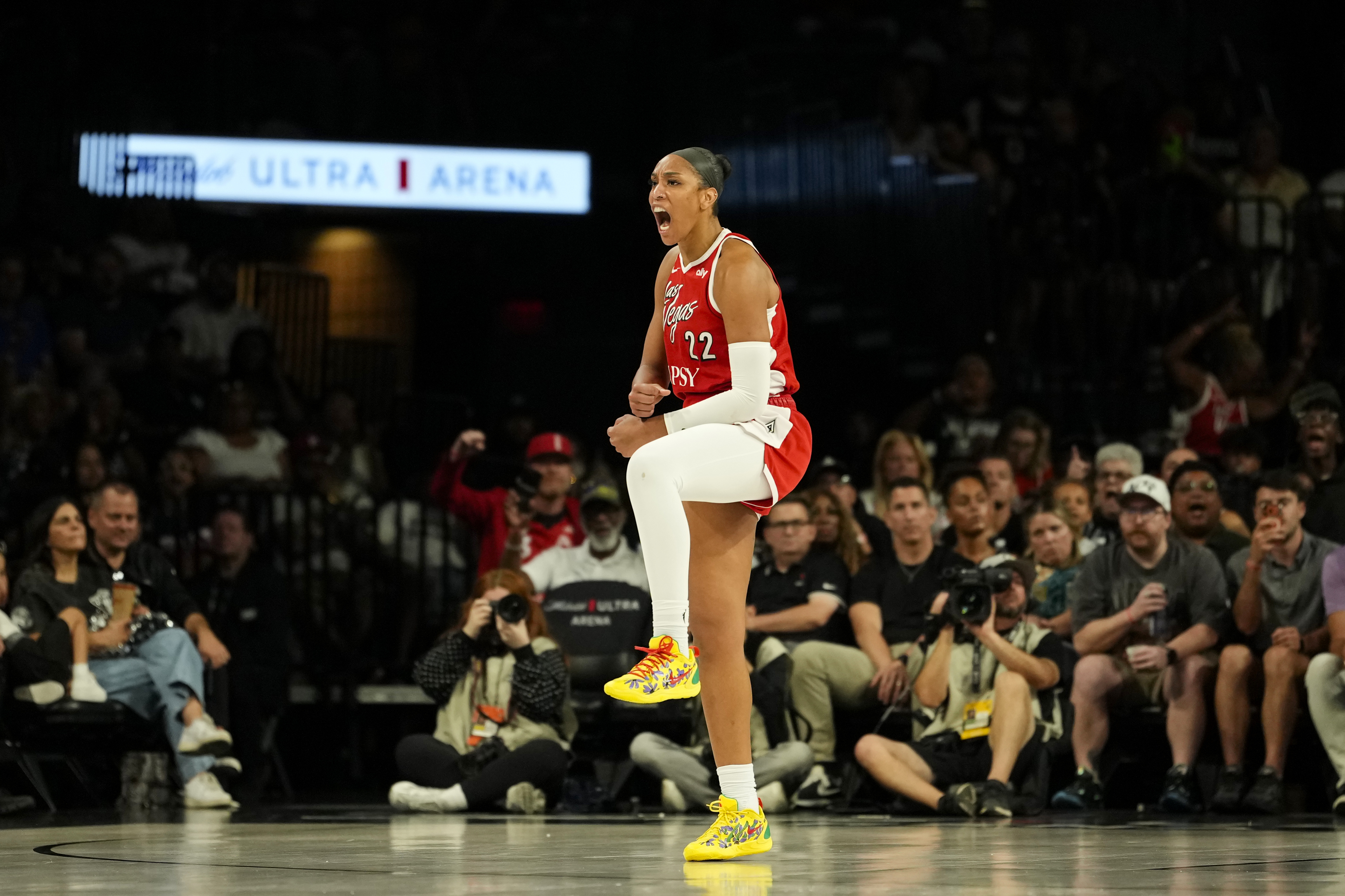 Las Vegas Aces center A'ja Wilson reacts after scoring as we make our best Tempo vs. Aces prediction