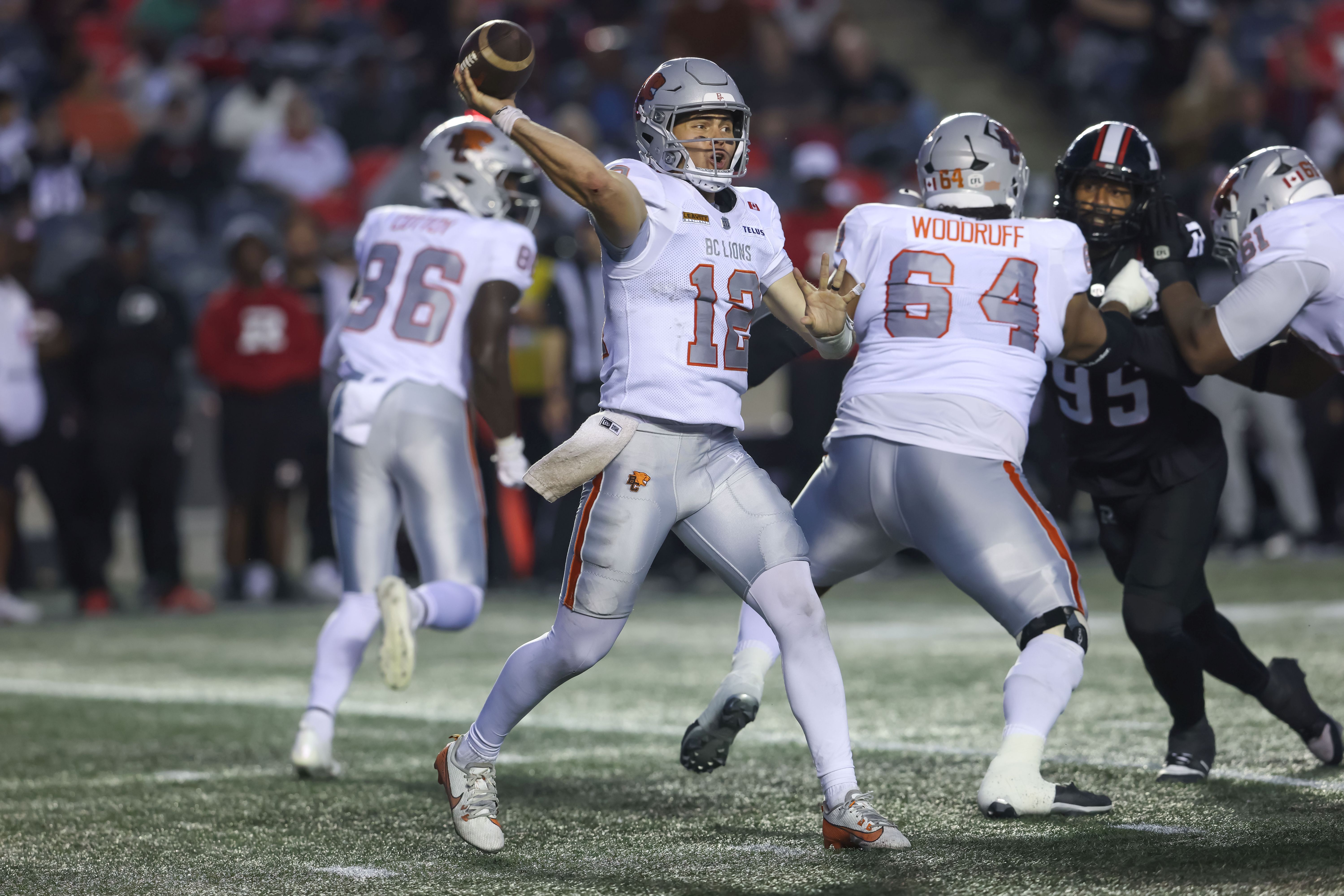 Lions quarterback Nathan Rourke (12) launches a pass as we break down our Roughriders vs. Lions prediction.