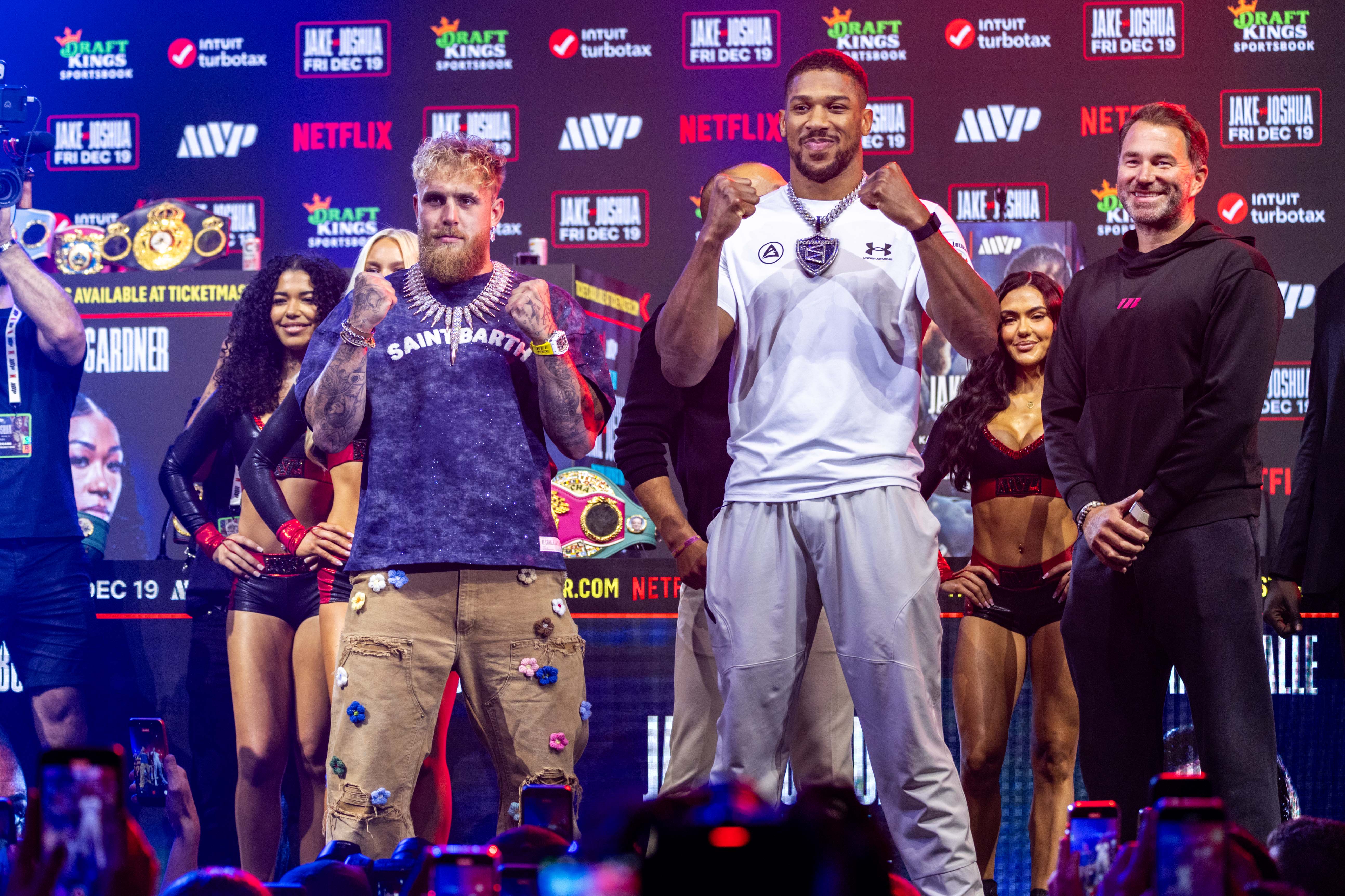 Jake Paul and Anthony Joshua face the media during the press conference for the upcoming Jake Paul vs Anthony Joshua boxing match on Netflix as we look at how to bet on Jake Paul vs. Anthony Joshua