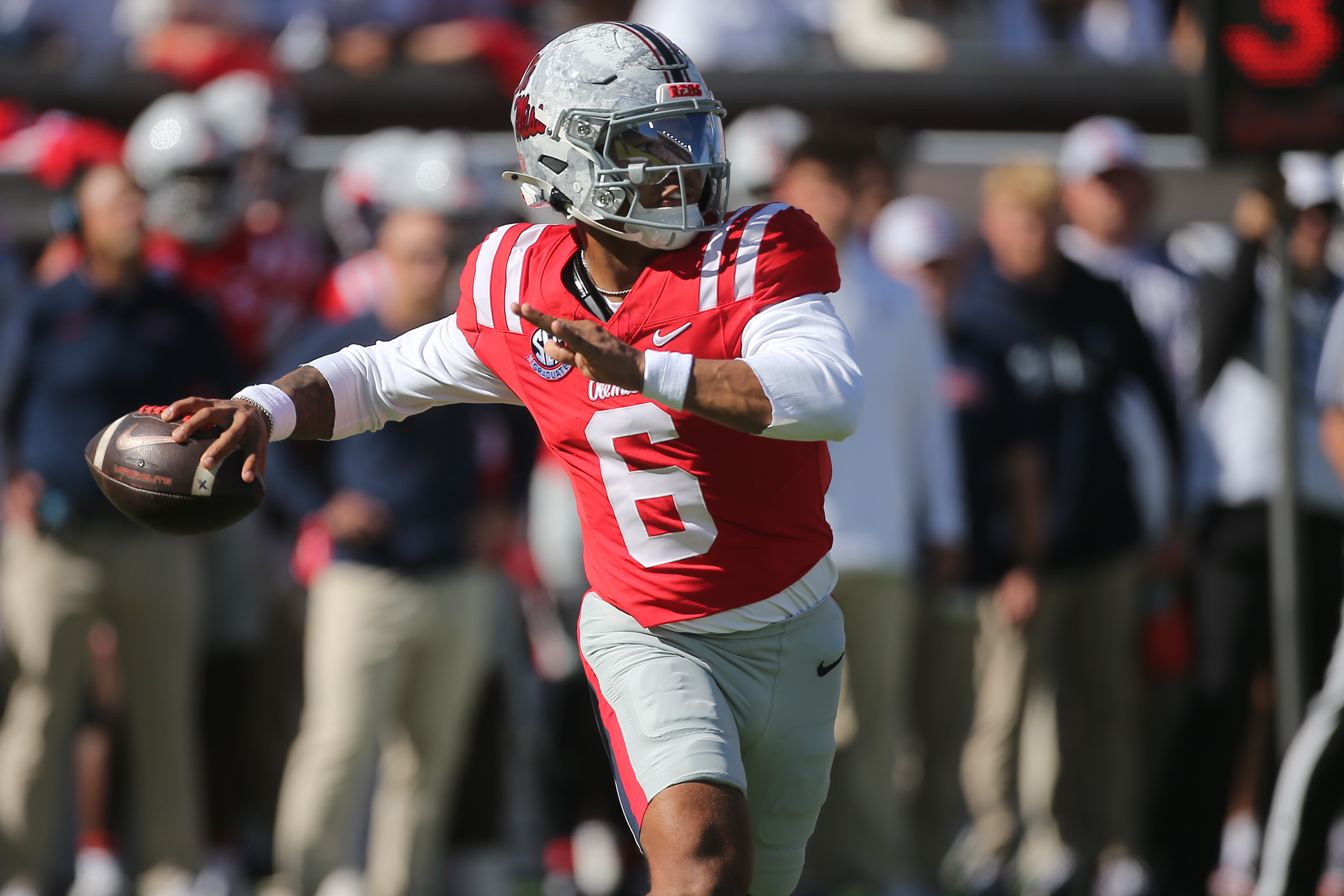Pictured: Trinidad Chambliss throwing a pass as we break down our Auburn vs. Ole Miss Prediction. Photo by Petre Thomas-Imagn Images.