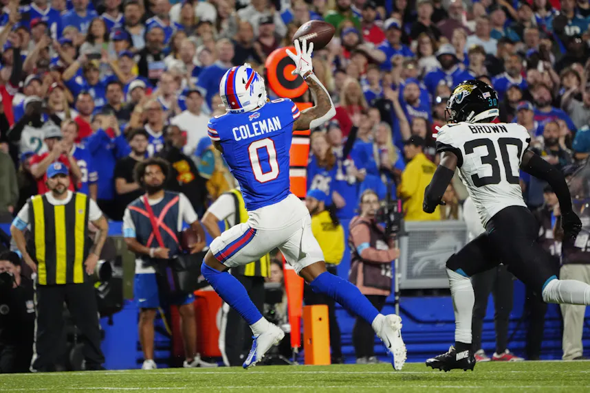 Buffalo Bills wide receiver Keon Coleman makes a touchdown catch against the Jacksonville Jaguars. We're backing Coleman in our Bills vs. Jets MNF Prop Bets.