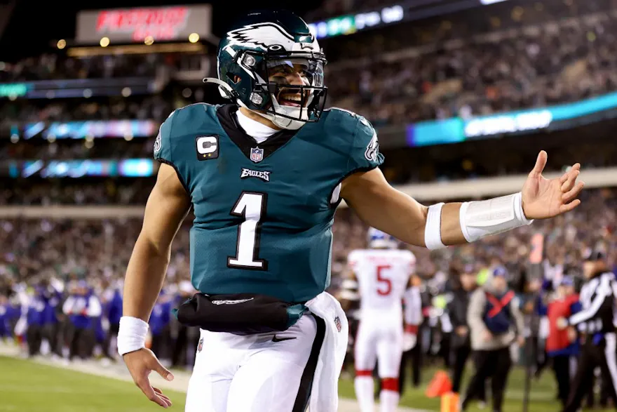 Jalen Hurts #1 of the Philadelphia Eagles celebrates after rushing for a touchdown against the New York Giants during the second quarter in the NFC Divisional Playoff game at Lincoln Financial Field on Jan. 21. 