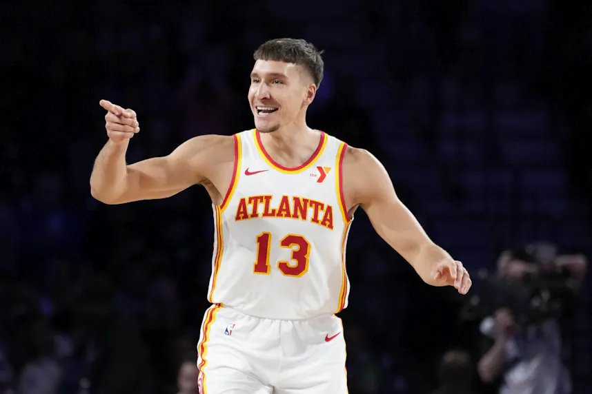 Atlanta Hawks guard Bogdan Bogdanovic reacts as we look at the launch of PrizePicks' new headquarters in Georgia.