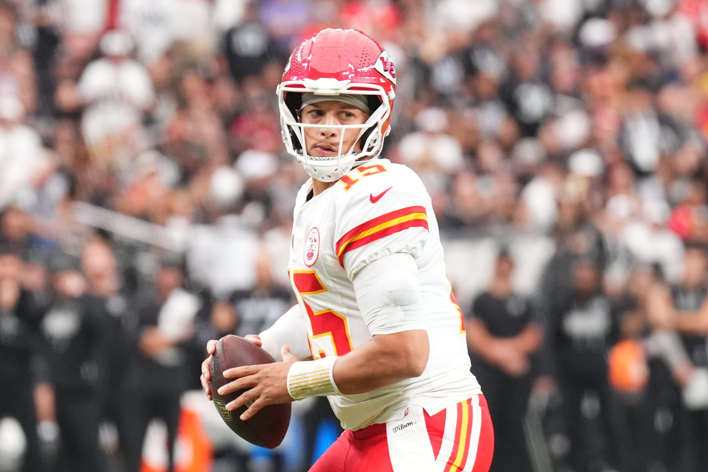 Kansas City Chiefs quarterback Patrick Mahomes (15) during the game against the Las Vegas Raiders at Allegiant Stadium ahead of the Week 5 NFL Comeback Player of the Year odds.