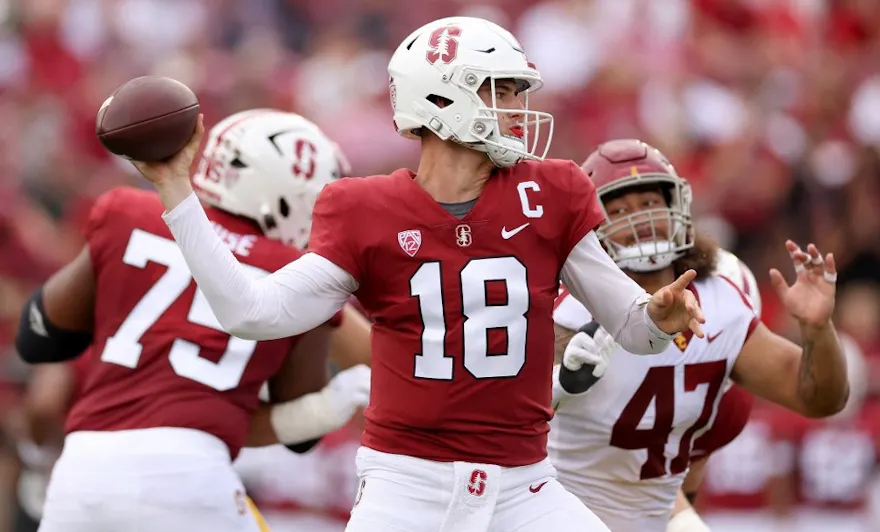 Tanner McKee #18 of the Stanford Cardinal passes the ball against the USC Trojans at Stanford Stadium on Sept. 10.