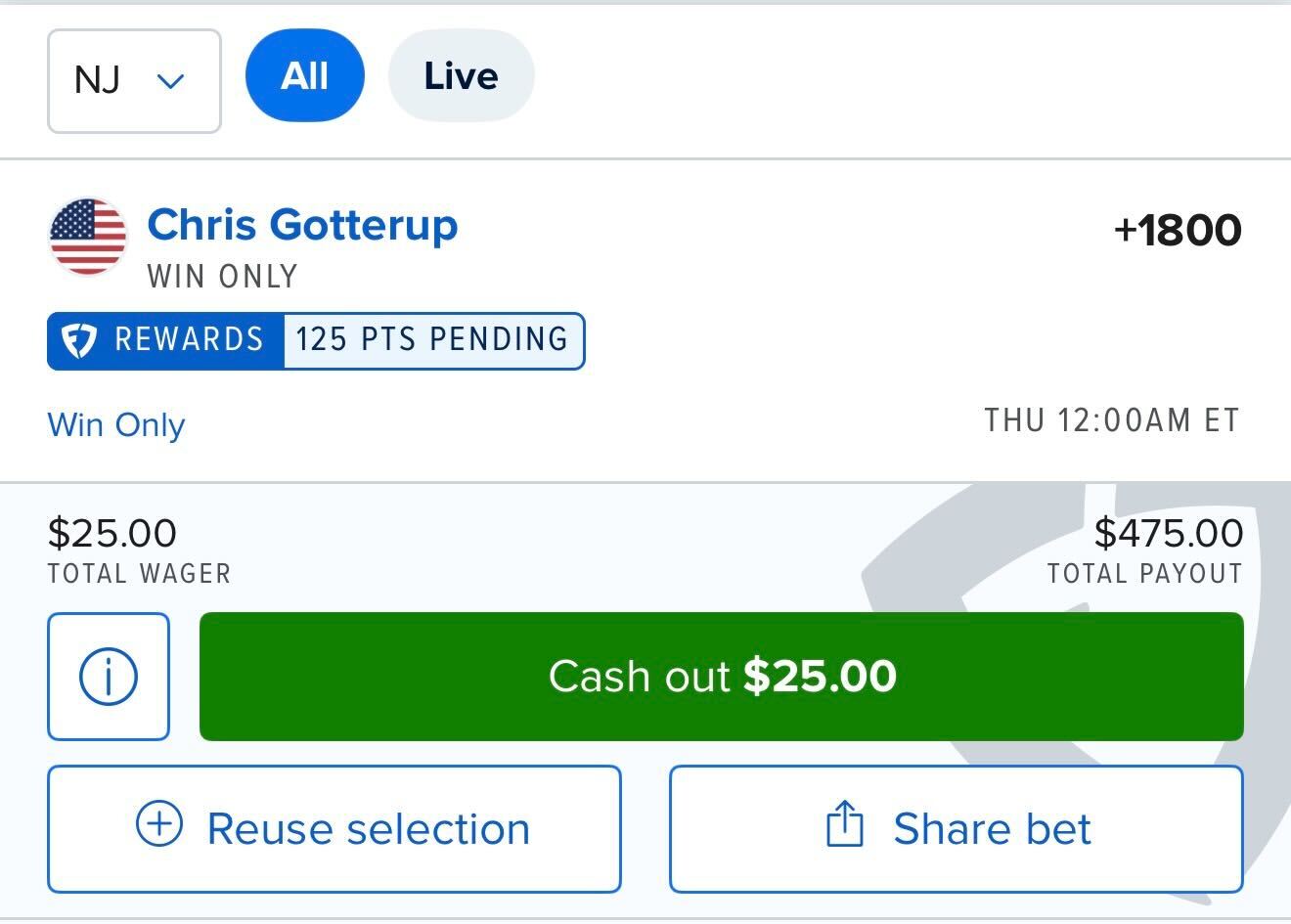 Pictured: a $25 wager on Chris Gotterup to win the 2026 Rocket classic.