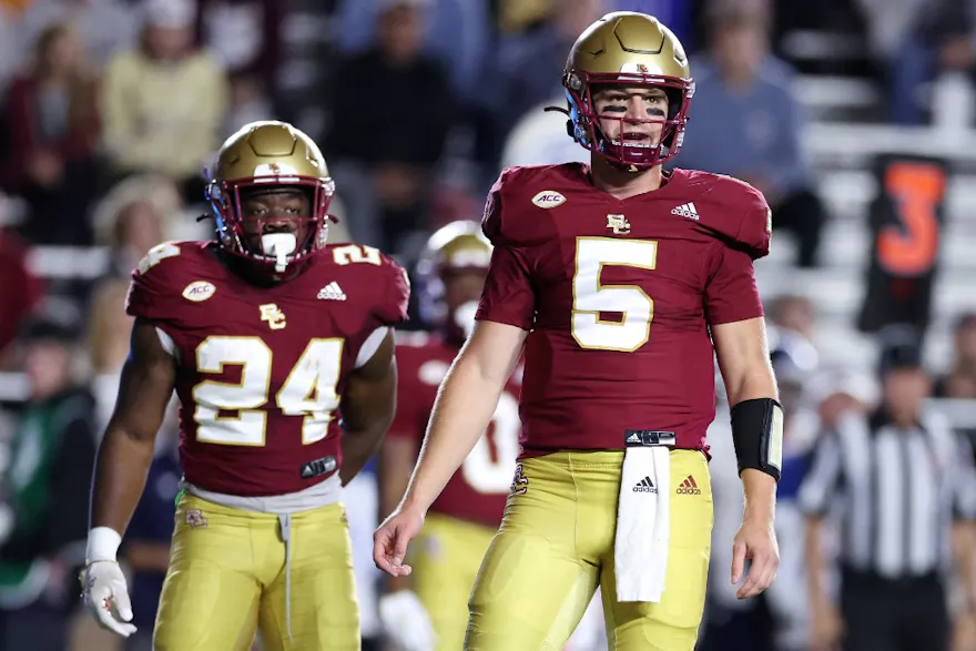 Phil Jurkovec of the Boston College Eagles looks on during the first half against the Maine Black Bears. Photo by Maddie Meyer/Getty Images via AFP.