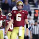 Phil Jurkovec of the Boston College Eagles looks on during the first half against the Maine Black Bears.