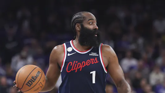 Los Angeles Clippers guard James Harden (1) brings the ball up the court as we break down our Clippers vs. Warriors player prop bets.