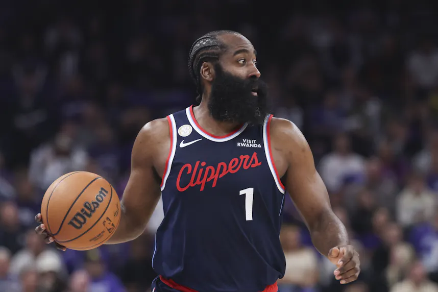 Los Angeles Clippers guard James Harden (1) brings the ball up the court as we break down our Clippers vs. Warriors player prop bets.