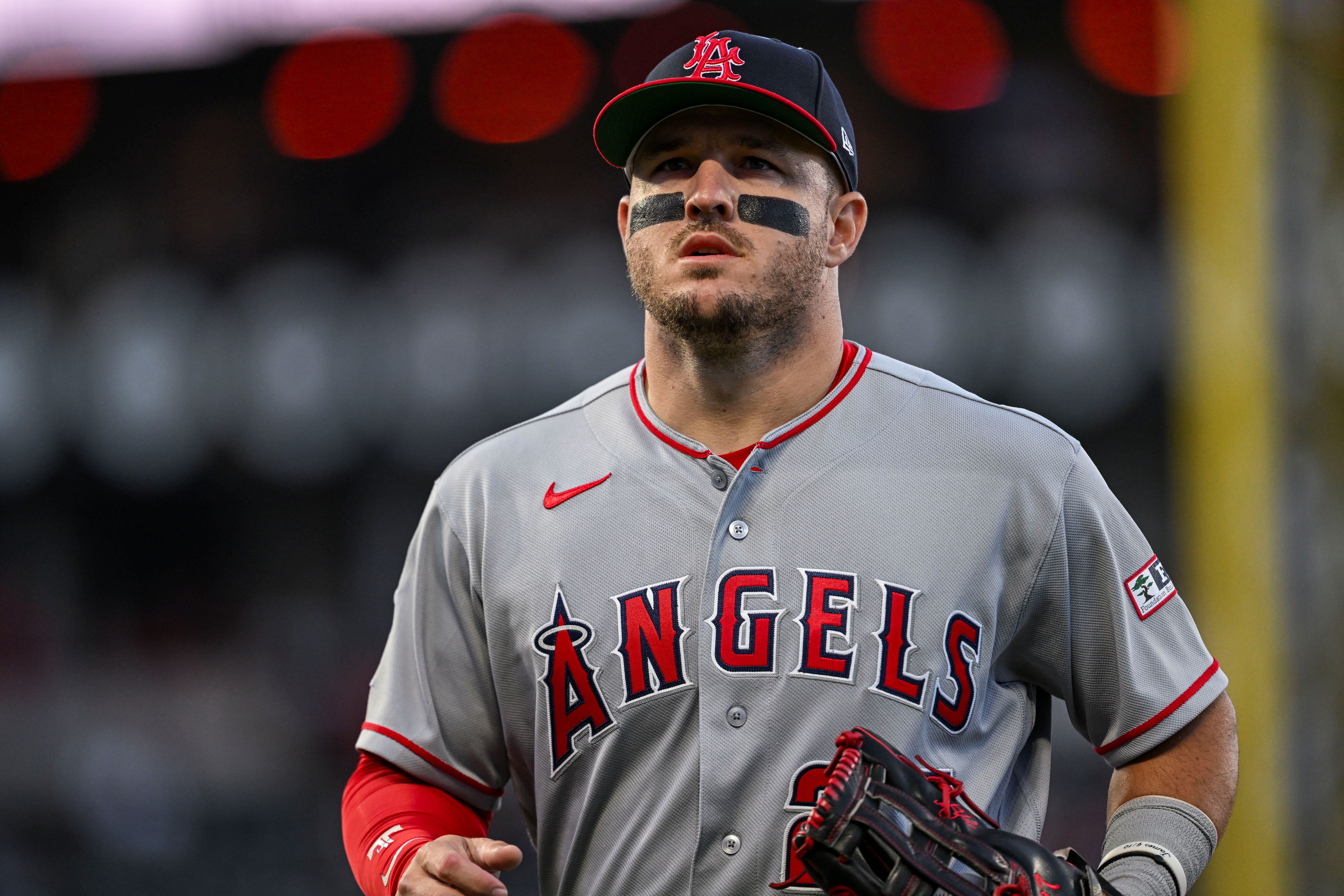 Los Angeles Angels center fielder Mike Trout (27) walks as we break down our home run predictions today.
