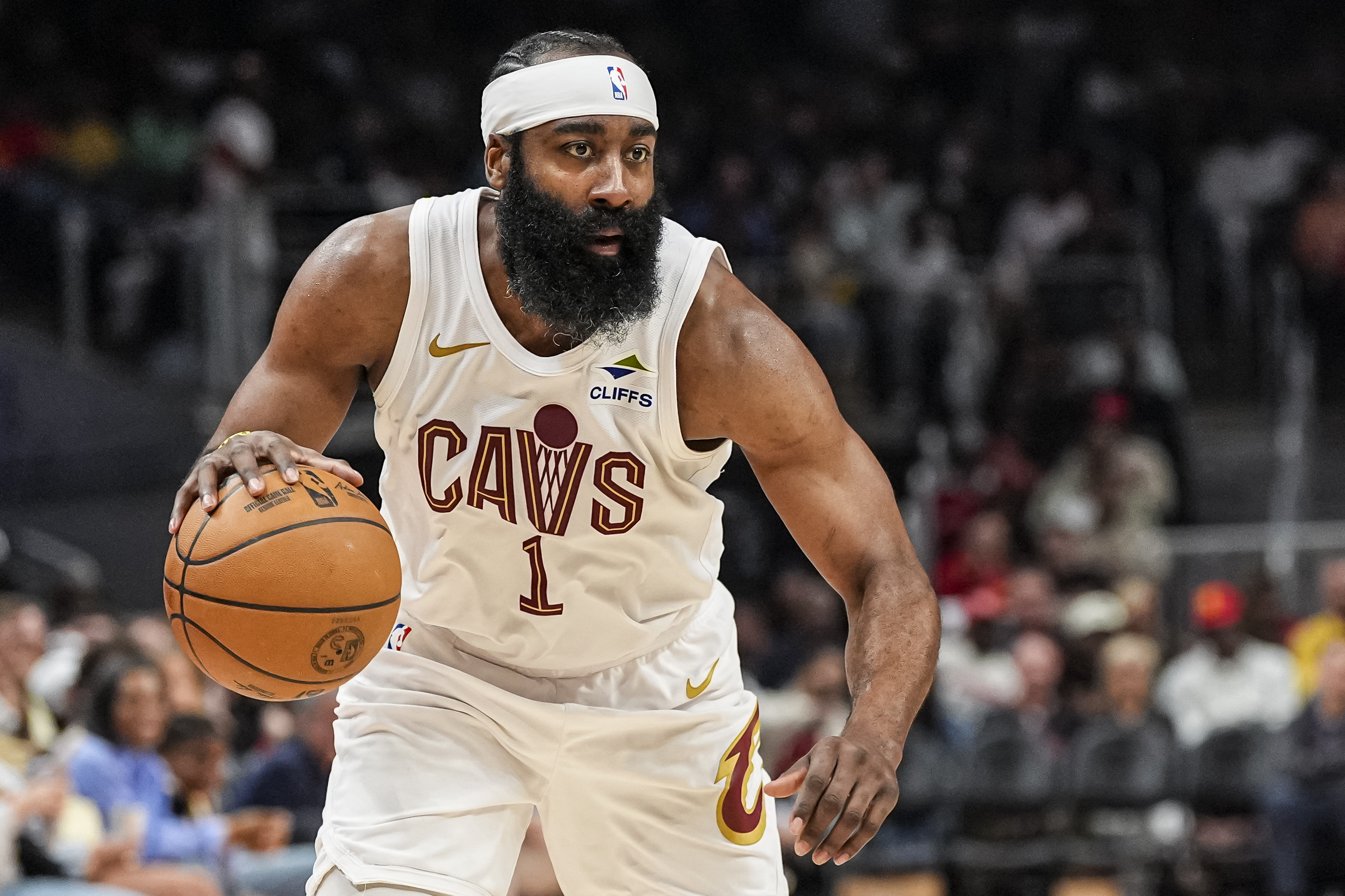 Cleveland Cavaliers guard James Harden (1) controls the ball against the Atlanta Hawks. He's featured in our Raptors vs. Cavaliers prediction and series preview for the 2026 NBA playoffs.