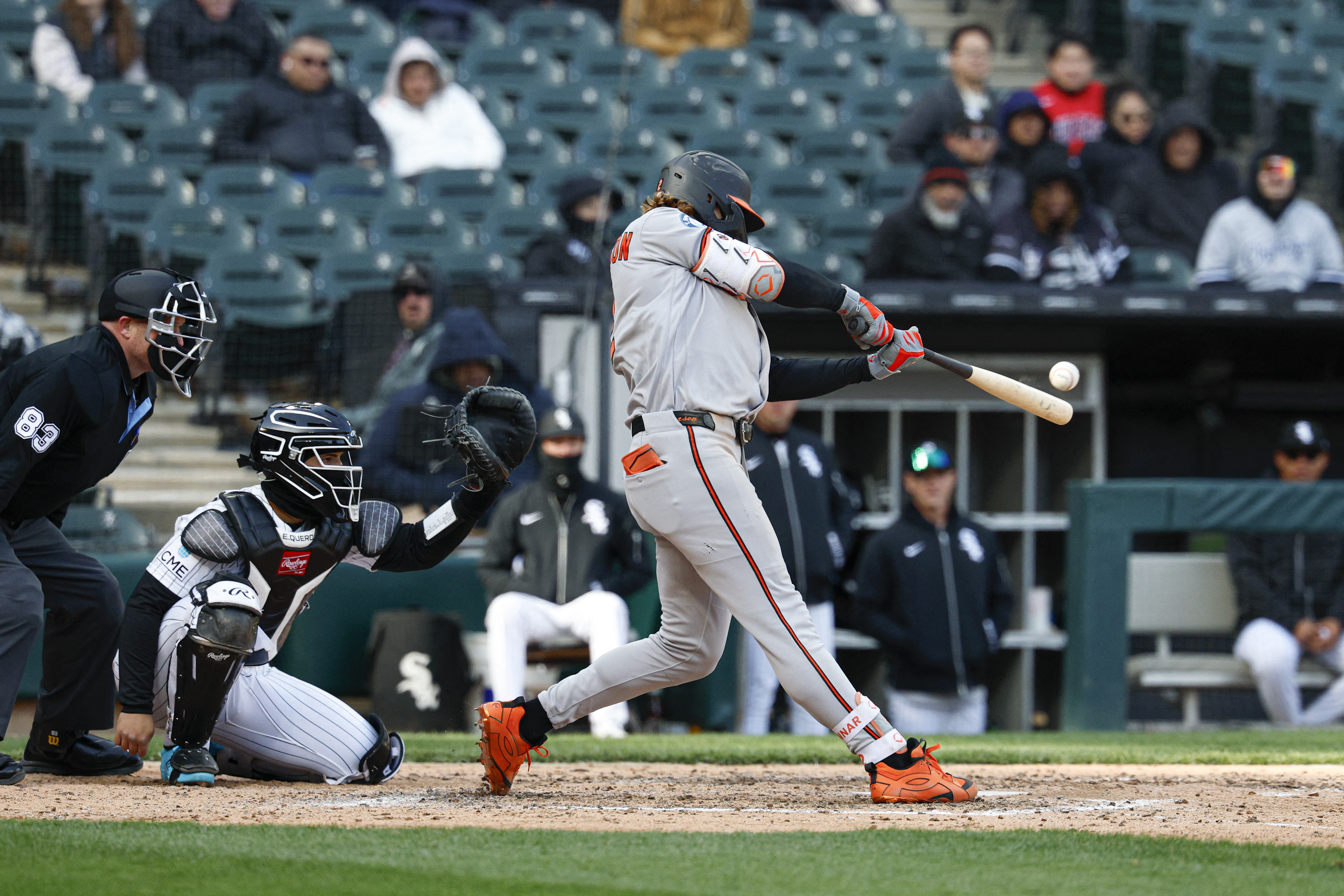 Baltimore Orioles designated hitter Gunnar Henderson (2) hits a two-run home run as we break down our Giants vs Orioles win probability.