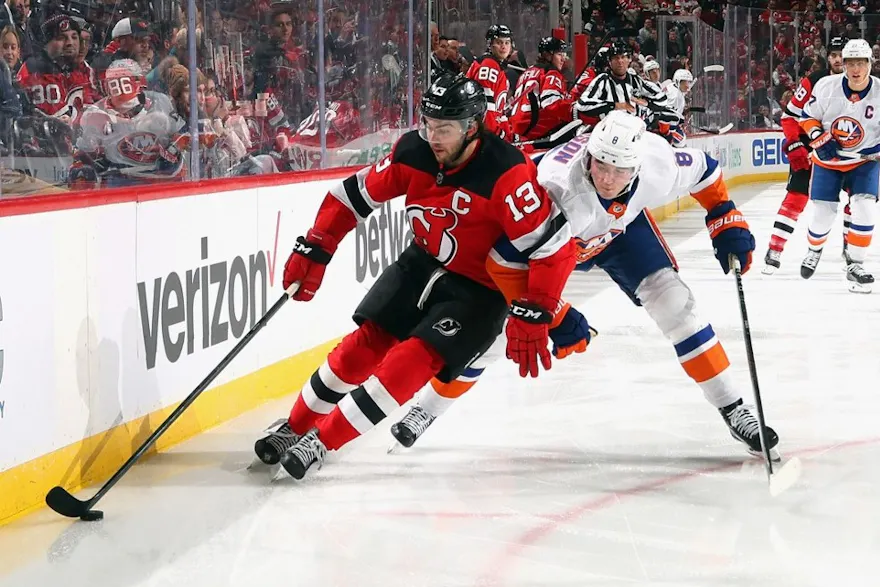 Nico Hischier of the New Jersey Devils attempts to move as we look at another strong month of sports betting for New Jersey.