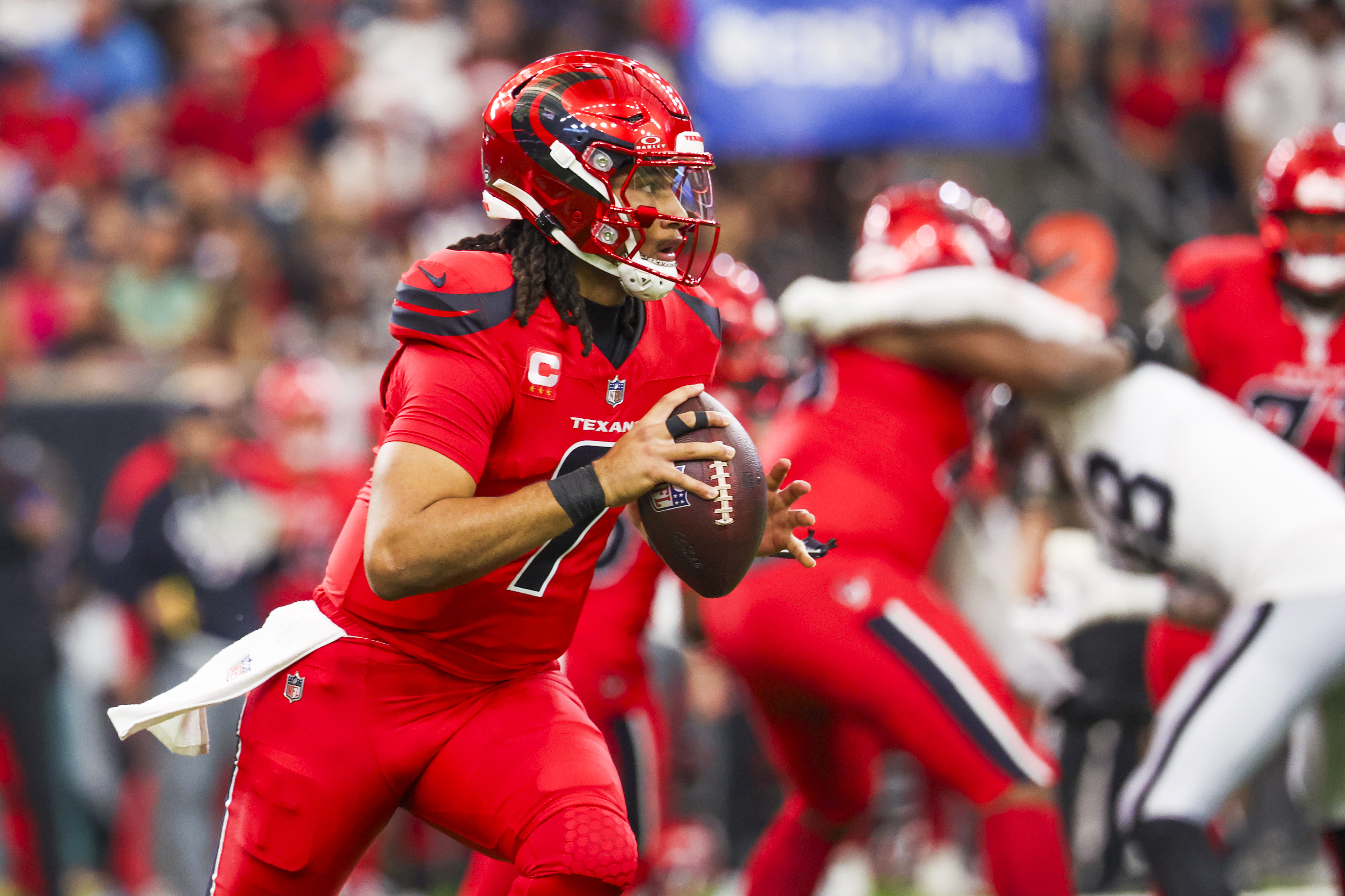 Houston Texans quarterback C.J. Stroud (7) looks to pass as he is featured in our Texans vs. Chargers prediction.
